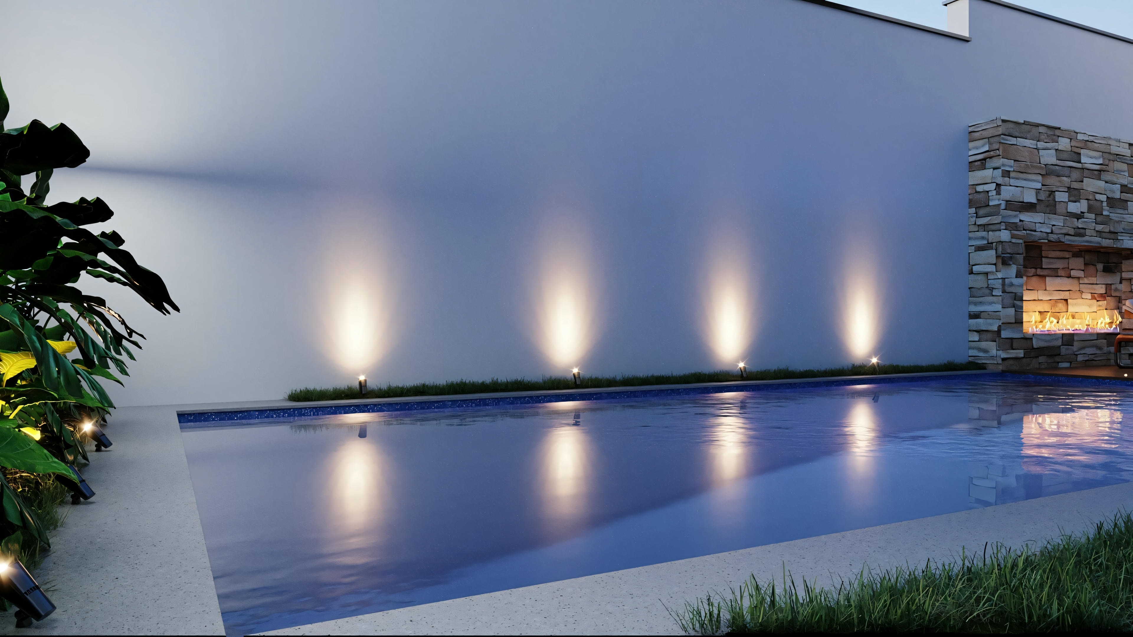 Outdoor area with pool during dusk.