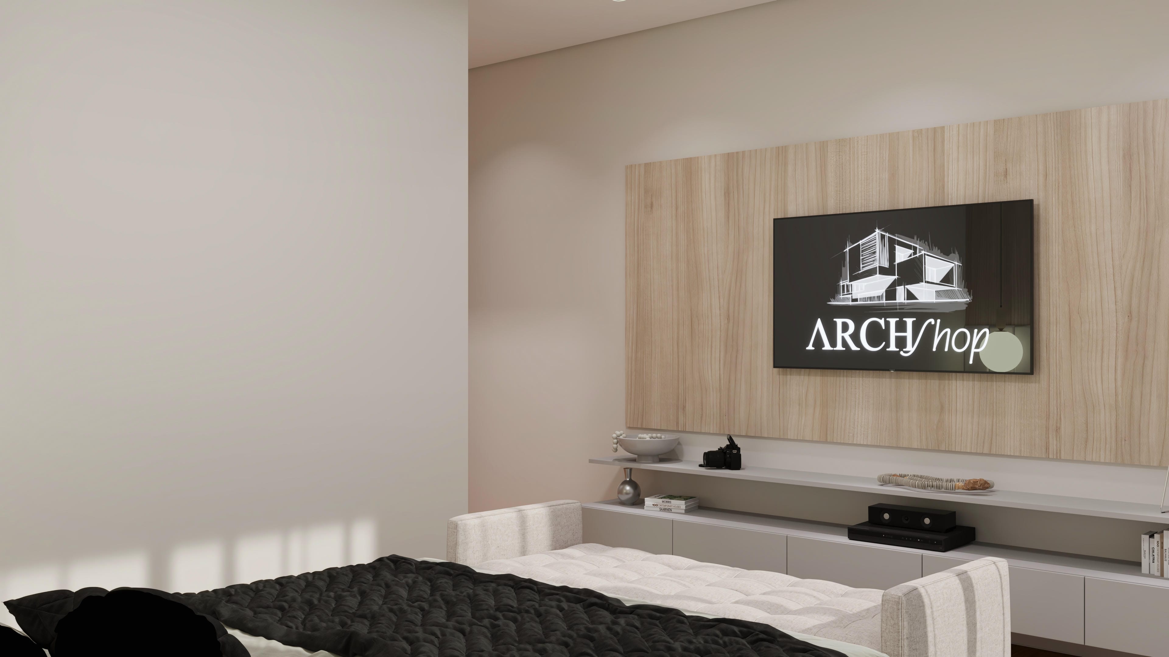Interior de sobrado moderno com painel de TV em madeira clara e móveis planejados cinzas. O ambiente conta com um painel de TV em madeira clara, armários planejados na cor cinza e uma cama com roupa de cama em tons neutros, projetado para terrenos de 10x25m.