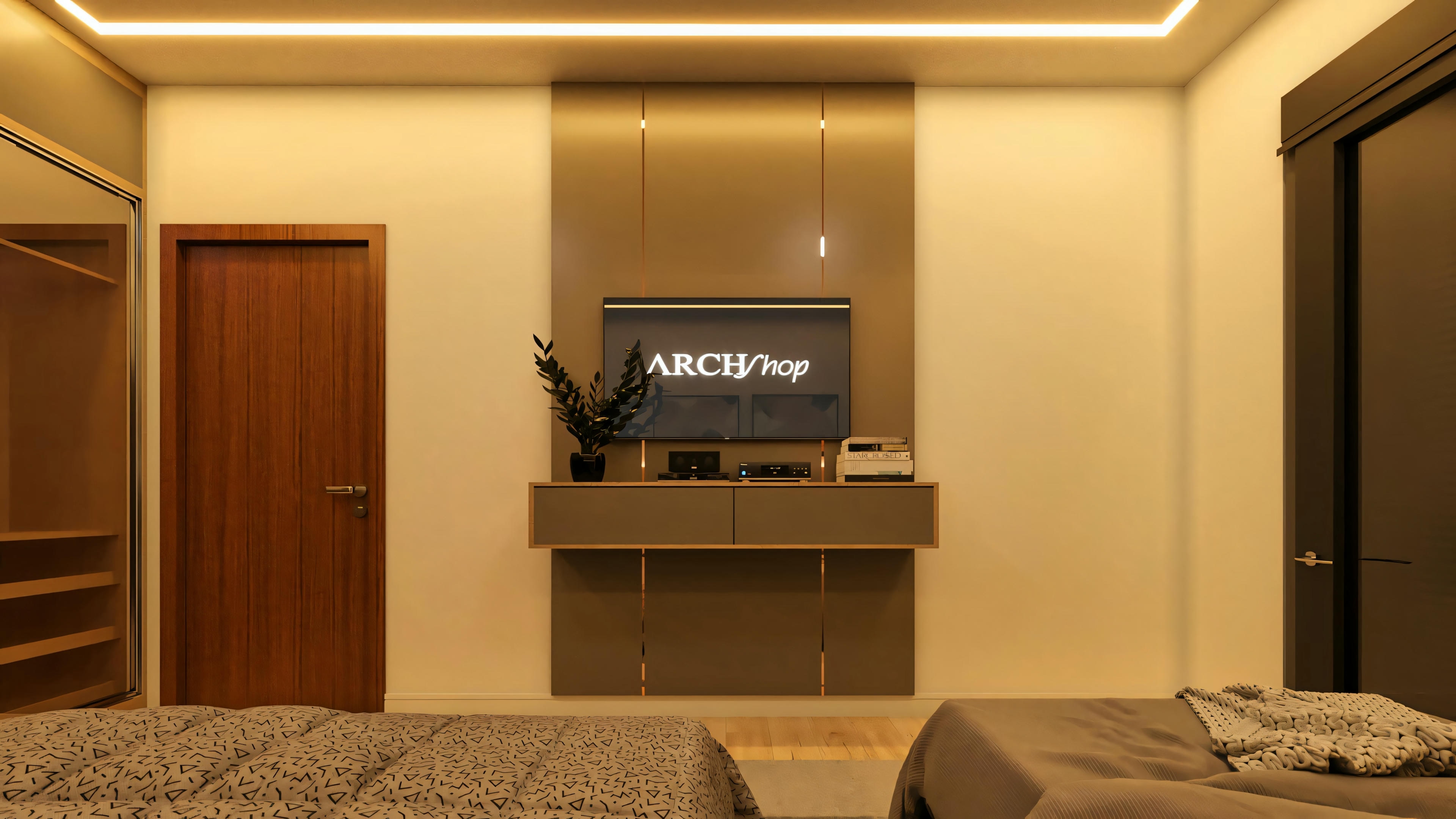 Dormitorio suite de proyecto de casa moderna, mostrando panel de TV planeado en tonos neutros, iluminación lineal empotrada en el cielorraso de yeso, puerta de madera y piso laminado. Integra un proyecto de casa con 4 suites, 7 baños y área total de 555.9m² en terreno de 20x35.