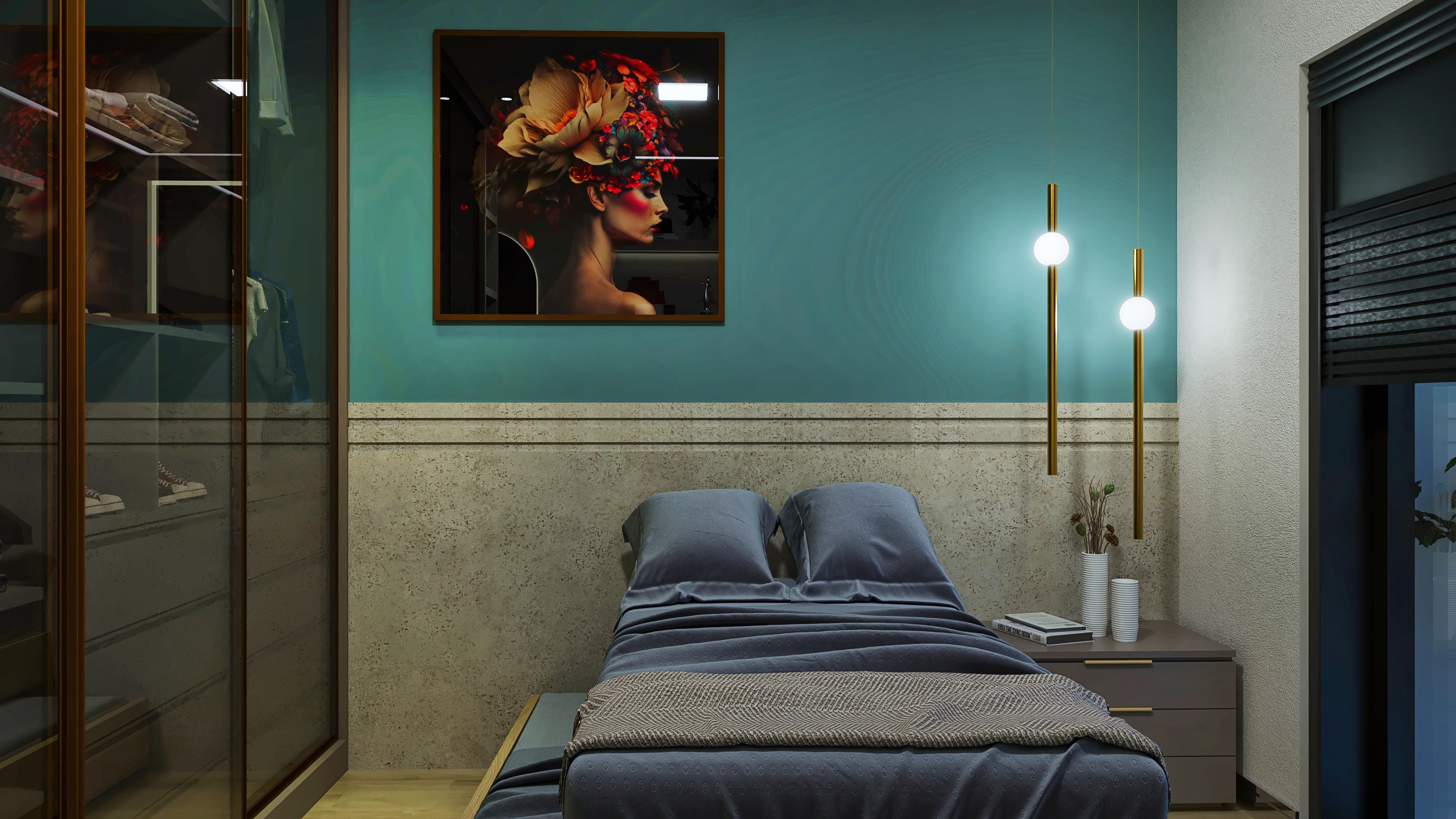 Interior de uma suíte master moderna com cama king-size, armário planejado e decoração sofisticada em tons de azul e bege.