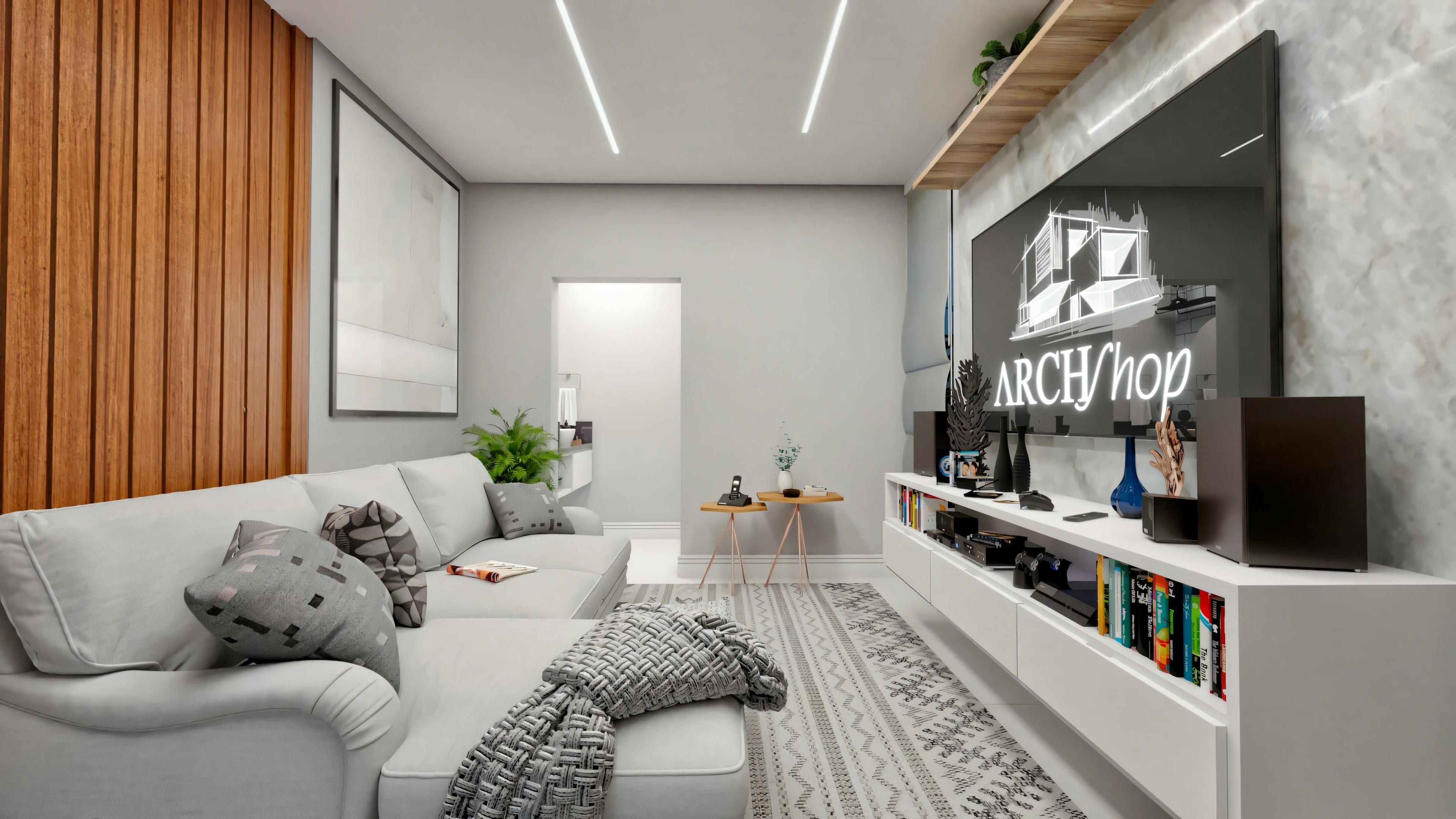 Sala de estar moderna com sofá cinza, TV de parede grande e detalhes em madeira.