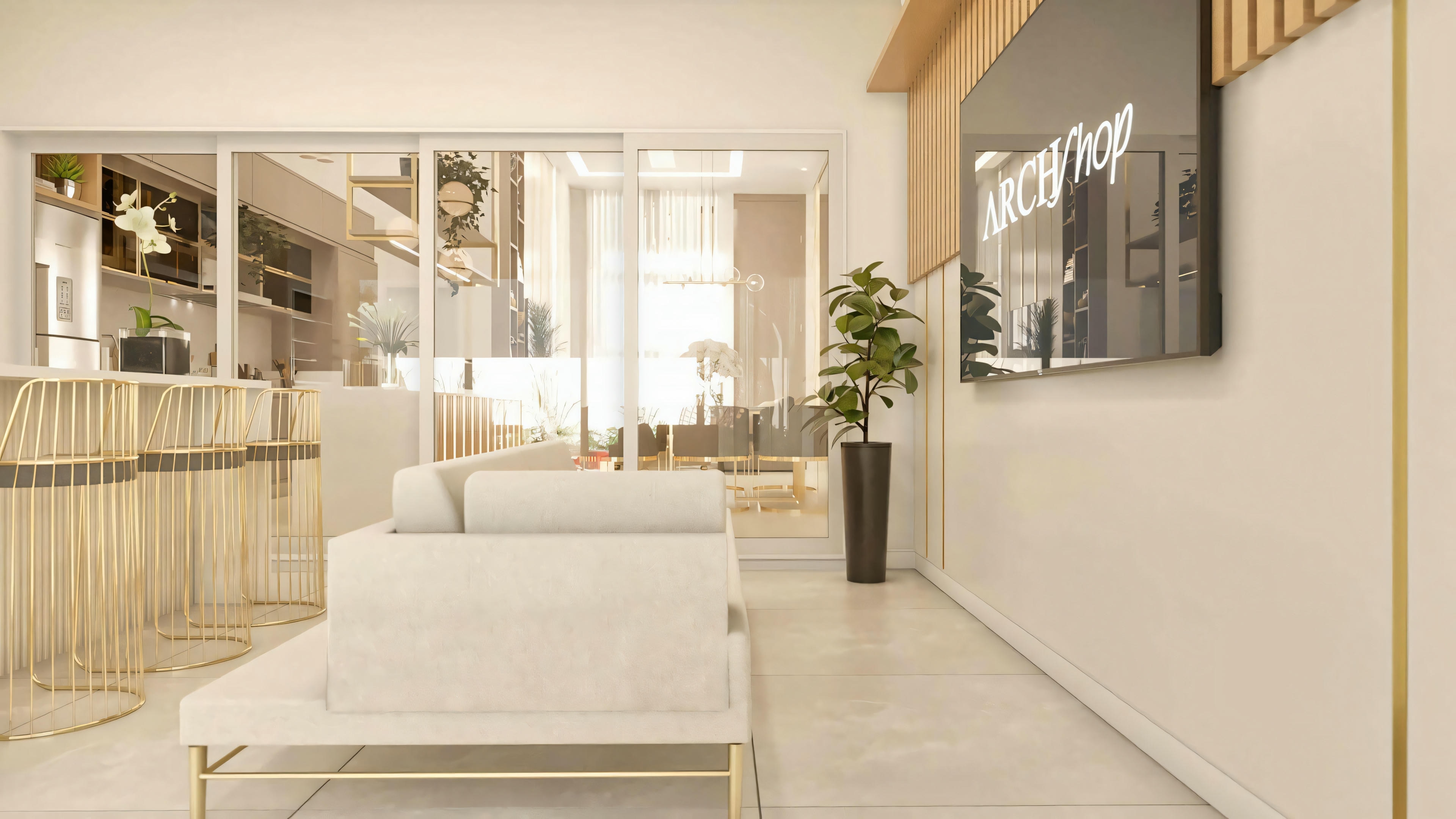 Foto da sala de estar/TV integrada à cozinha gourmet nesta planta de casa moderna térrea com 3 quartos (203.67m²). Ambiente amplo e conectado, mostrando sofá, painel de TV e bancada gourmet.