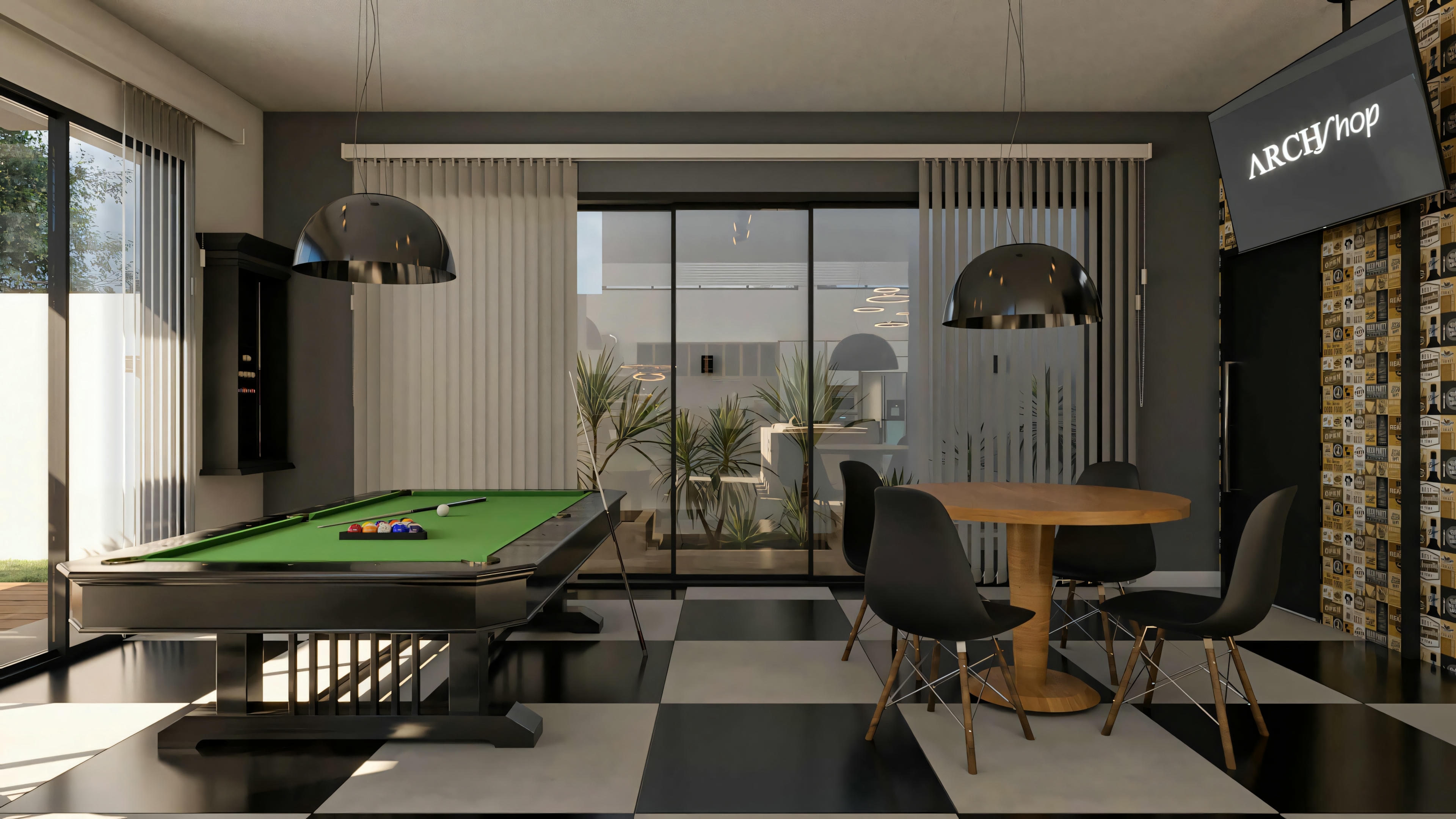 Salón de juegos de proyecto listo con 5 suites, presentando piso cuadriculado, mesa de billar, mesa auxiliar, iluminación colgante y acceso visual al área externa.