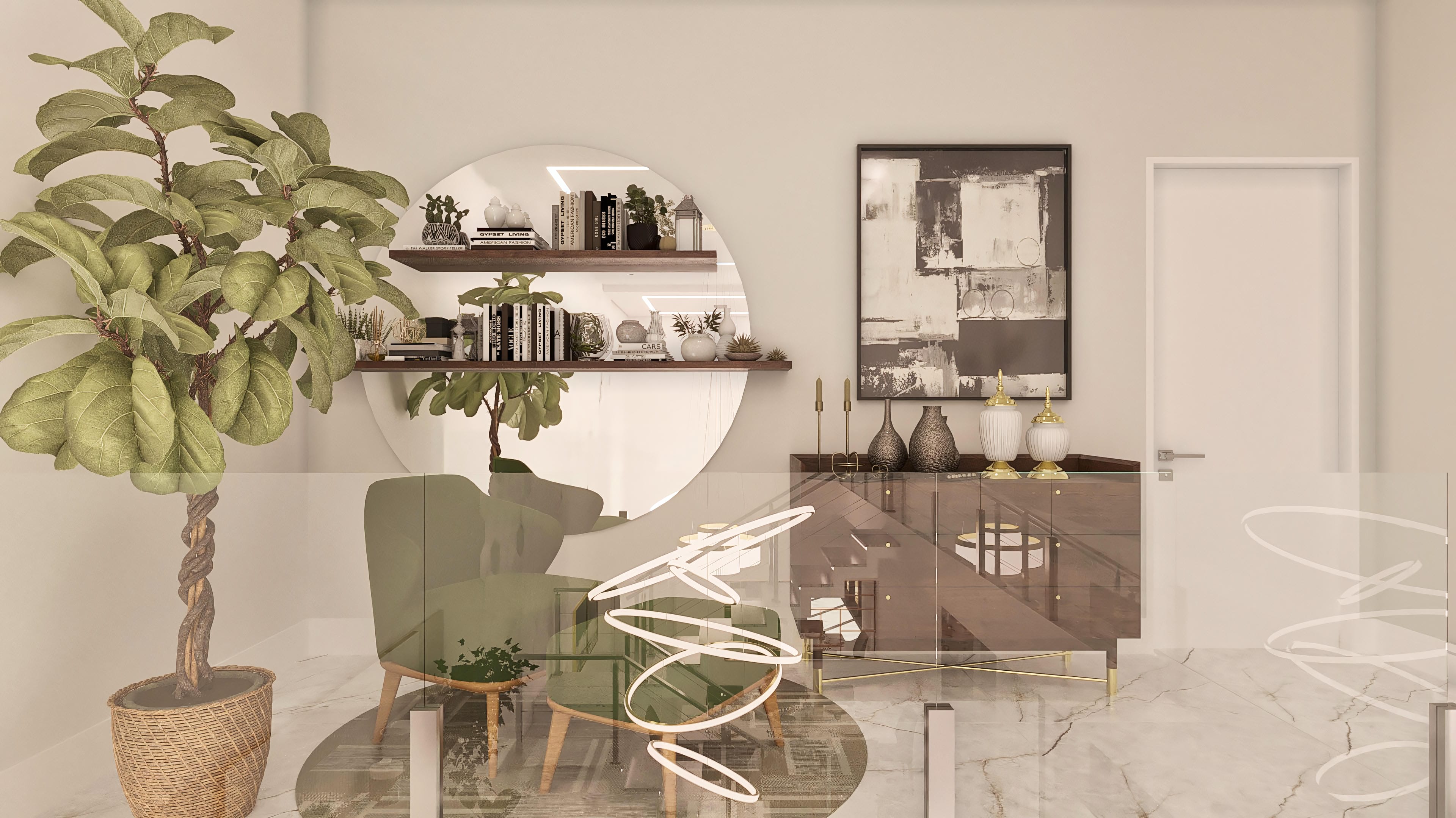 Interior de sobrado moderno com sala de estar com poltrona verde, espelho redondo, estante com livros e objetos decorativos, e aparador com vasos.