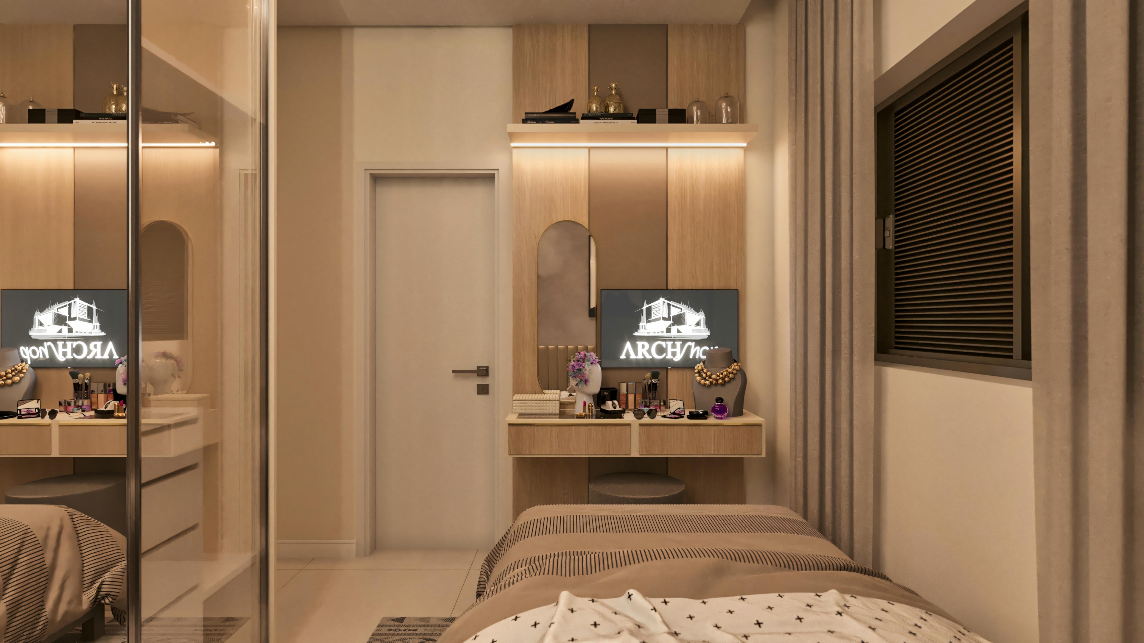 TV panel with dressing table.