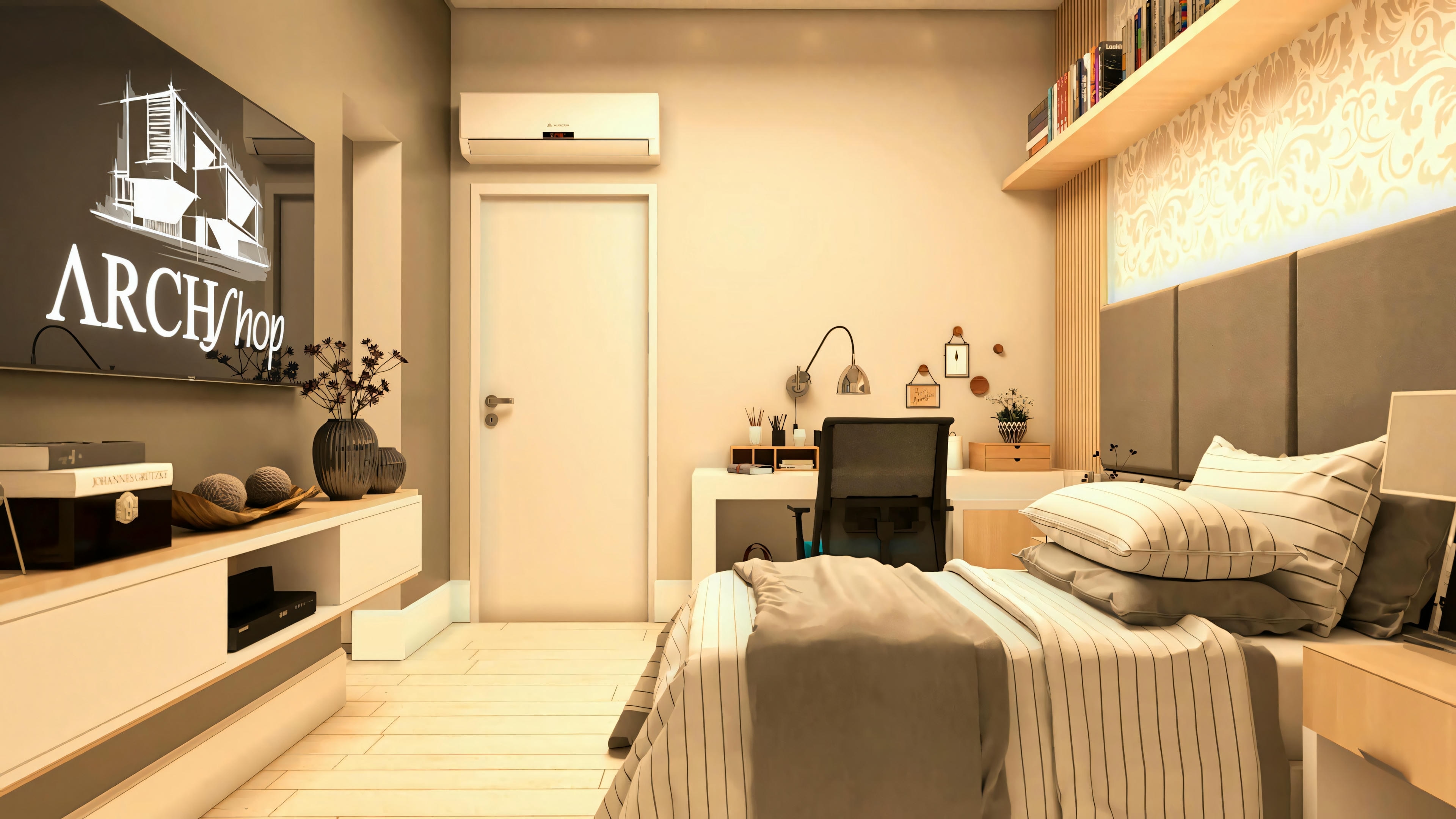Master suite of a bungalow house with 3 suites, showing bed, TV panel, and study/office desk, part of a 276.43m² bungalow house project with gourmet area.