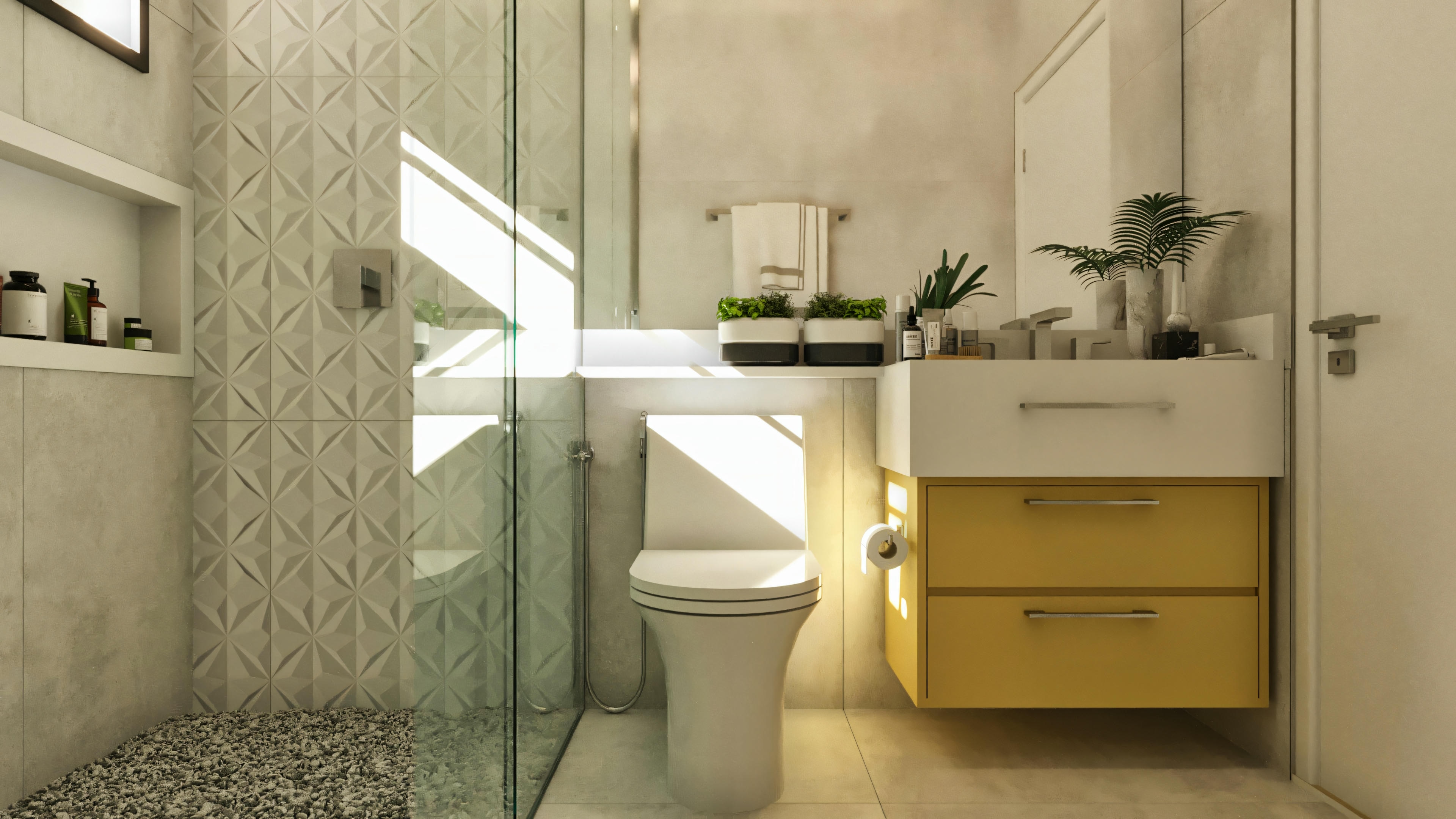 Suite bathroom in a high-standard 5-bedroom house, with a yellow and white floating vanity, glass shower enclosure, 3D wall cladding, and pebble stone shower floor with a niche.