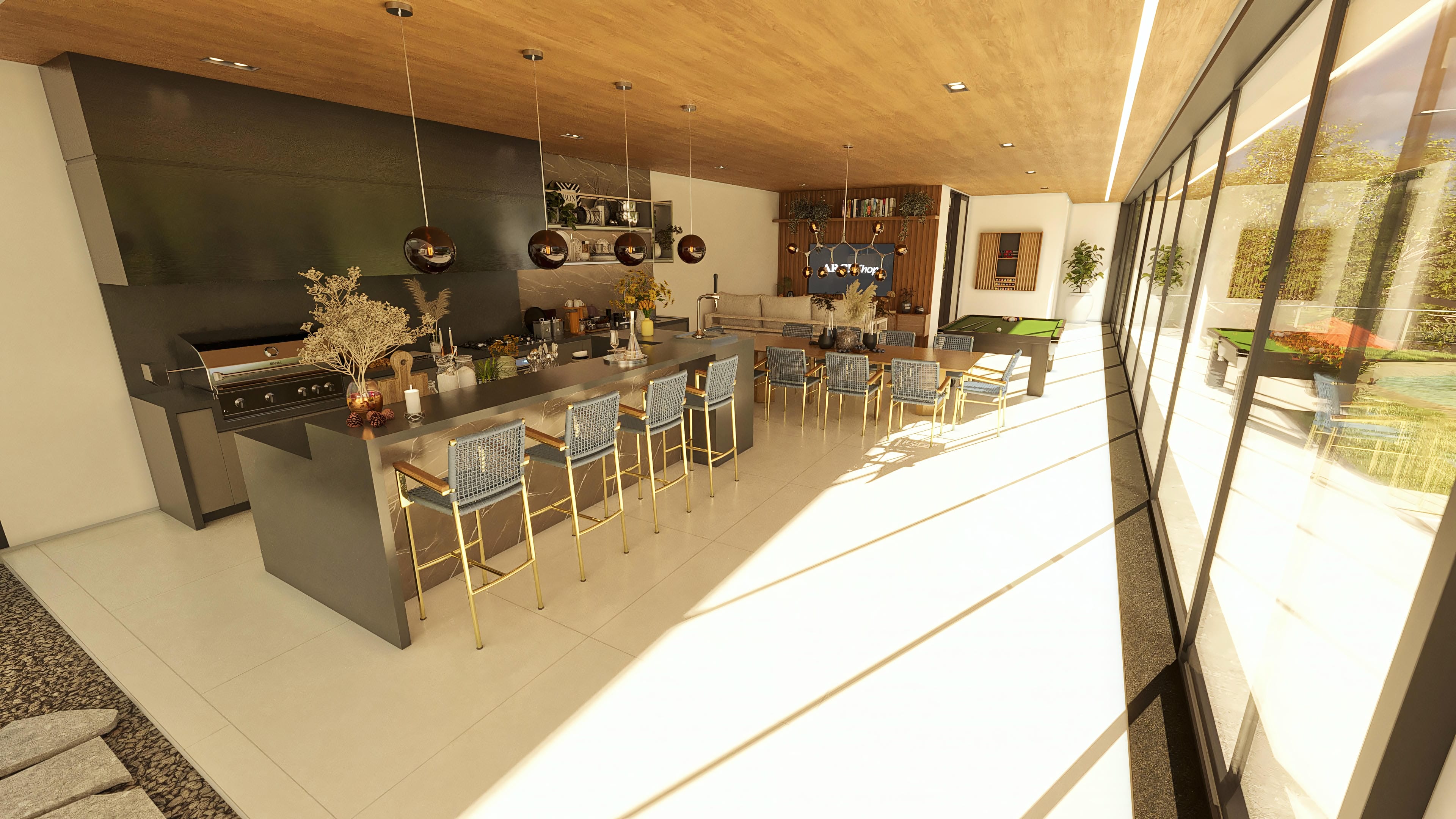 Espacio gourmet moderno con barbacoa empotrada, barra de isla con taburetes, mesa de comedor y sala de juegos con mesa de billar, integrado a la zona exterior con piscina.