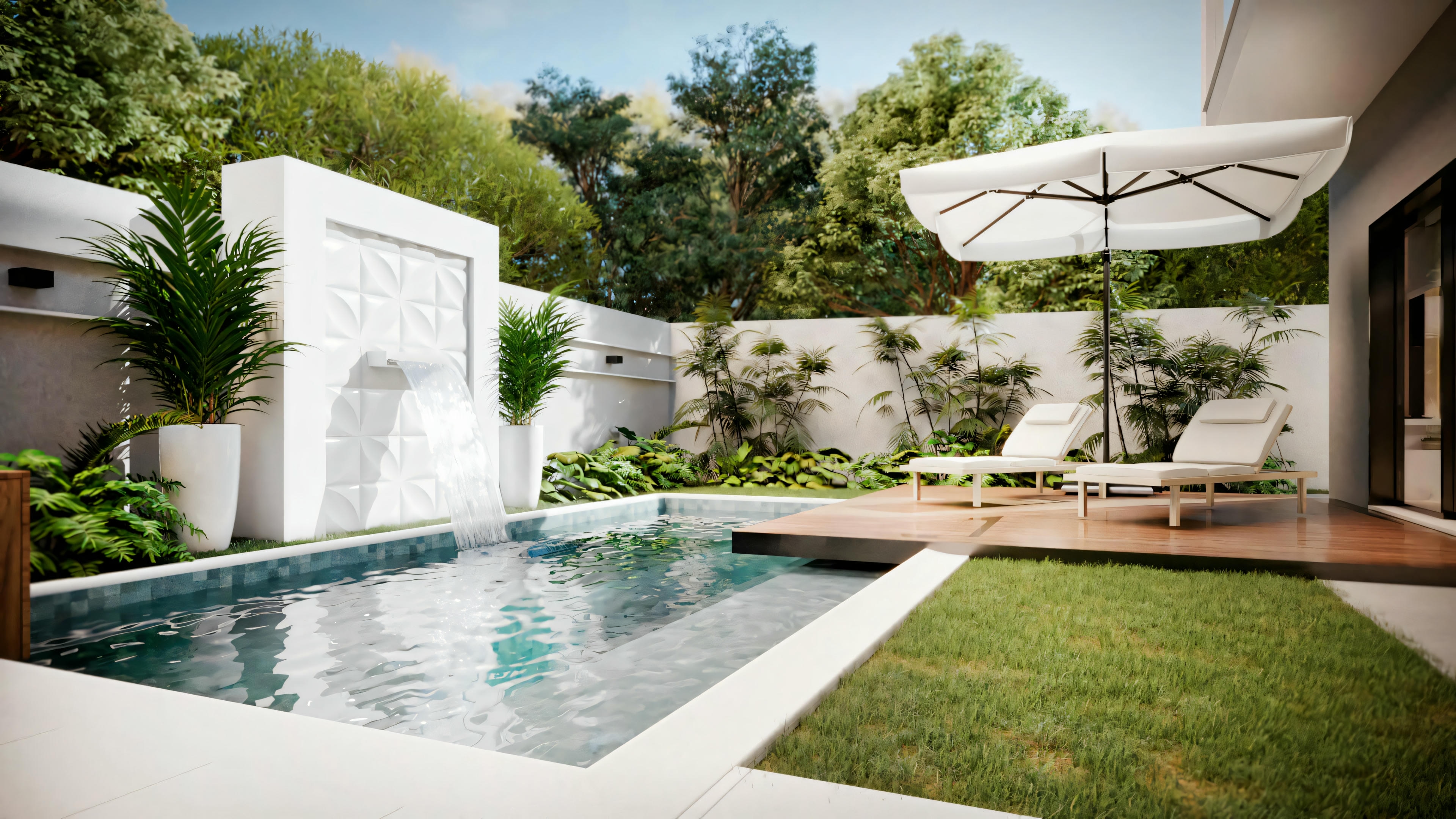 Área de piscina ao ar livre cercada por vegetação e espaço para relaxar.