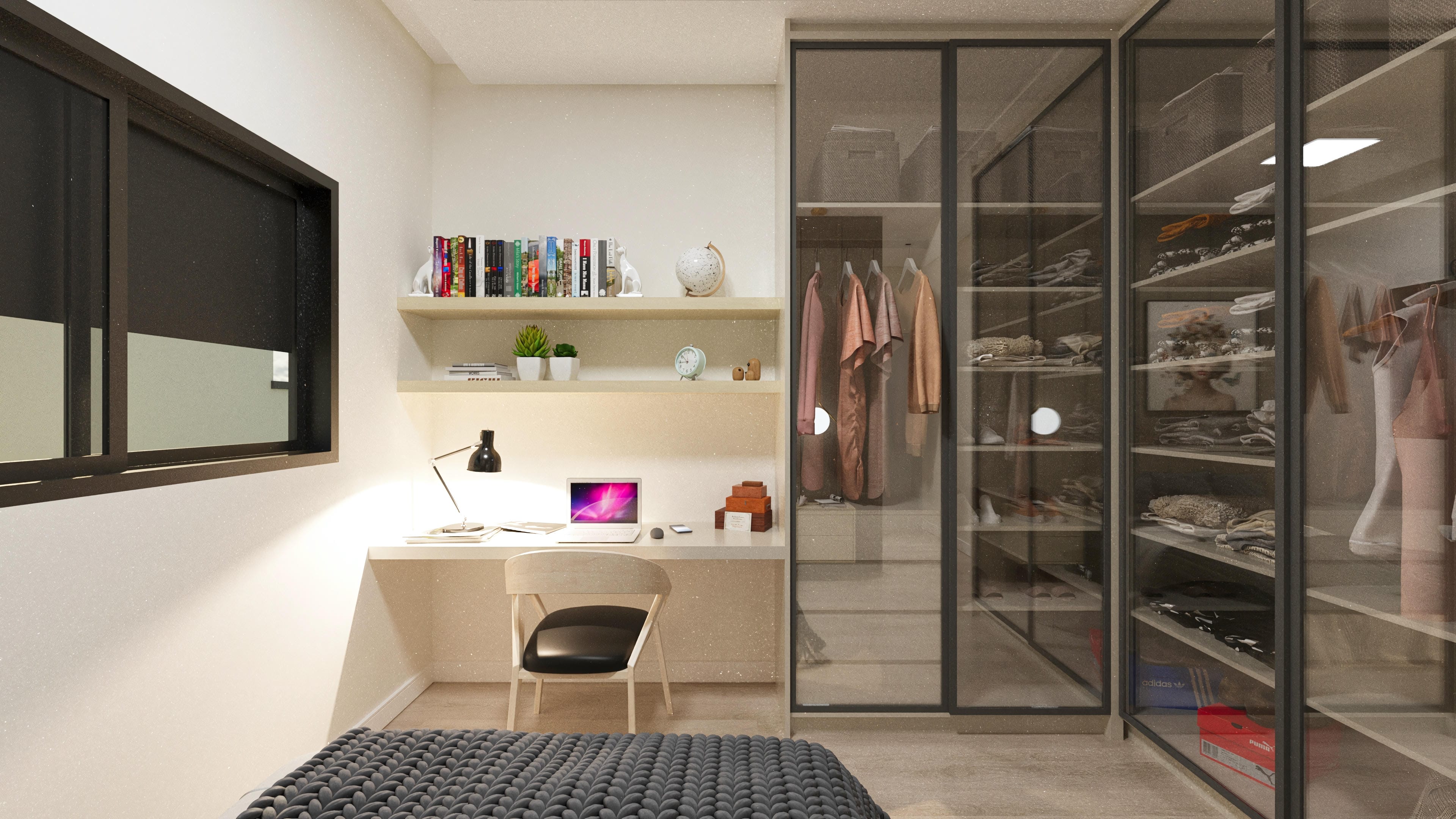 Interior de casa moderna con área de trabajo funcional y armario planificado con puertas de espejo, estantes e iluminación empotrada.