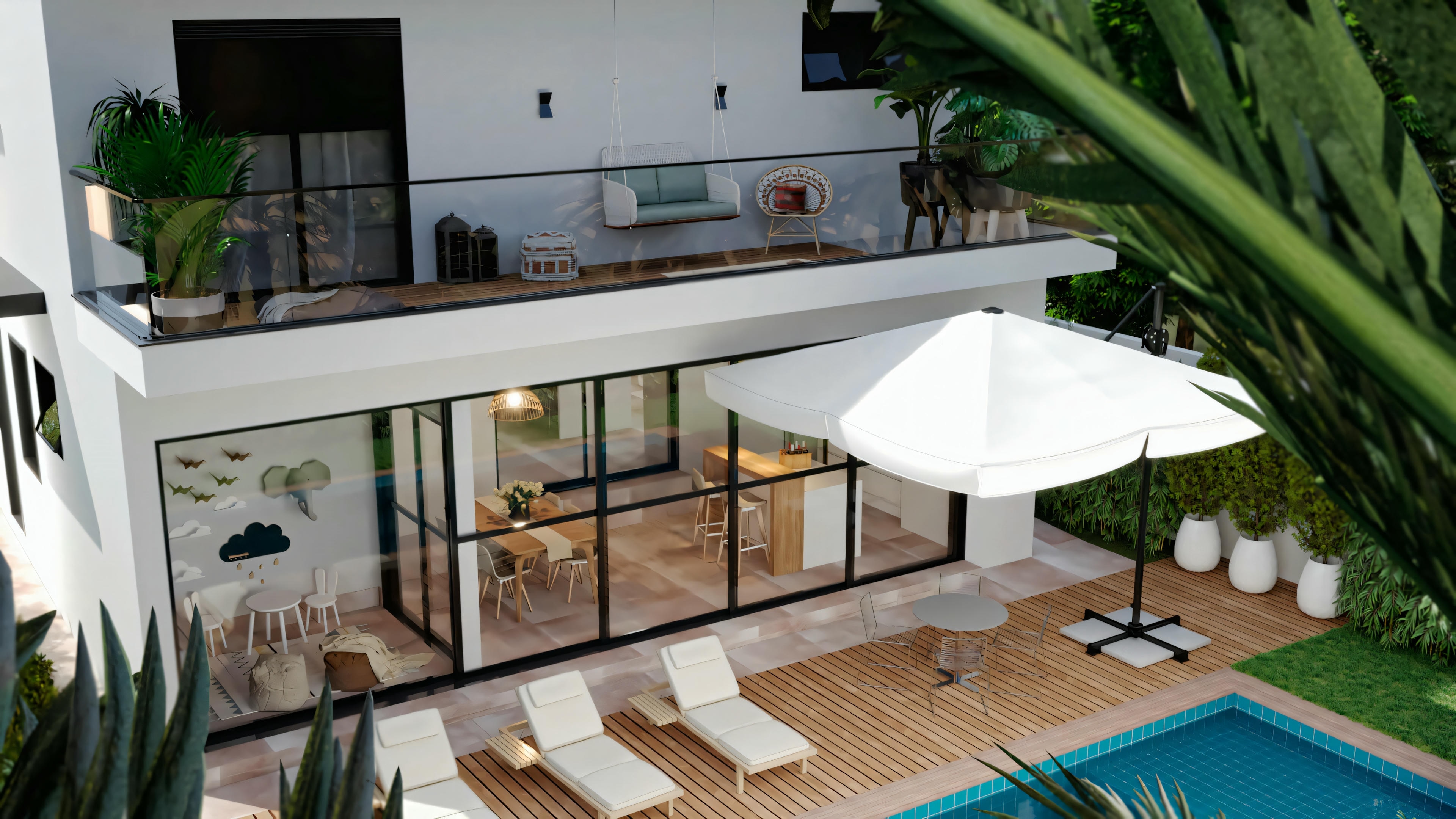 A balcony overlooking a swimming pool surrounded by lounge chairs and greenery, with an open umbrella suggesting a leisure area.