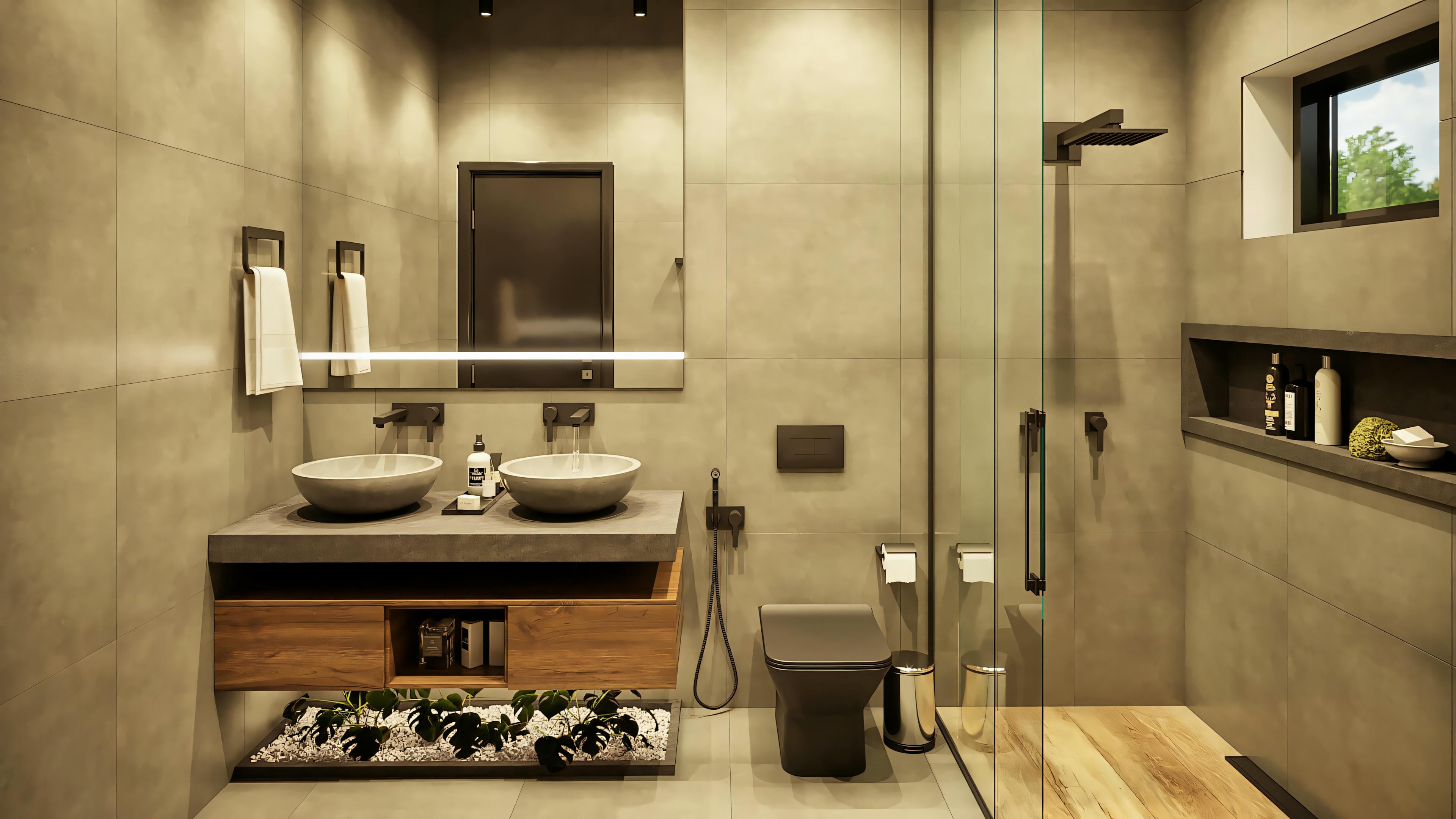 Um banheiro moderno com pia dupla, espelho grande e área de chuveiro. O design apresenta tons neutros e detalhes em madeira, criando um visual elegante e contemporâneo.