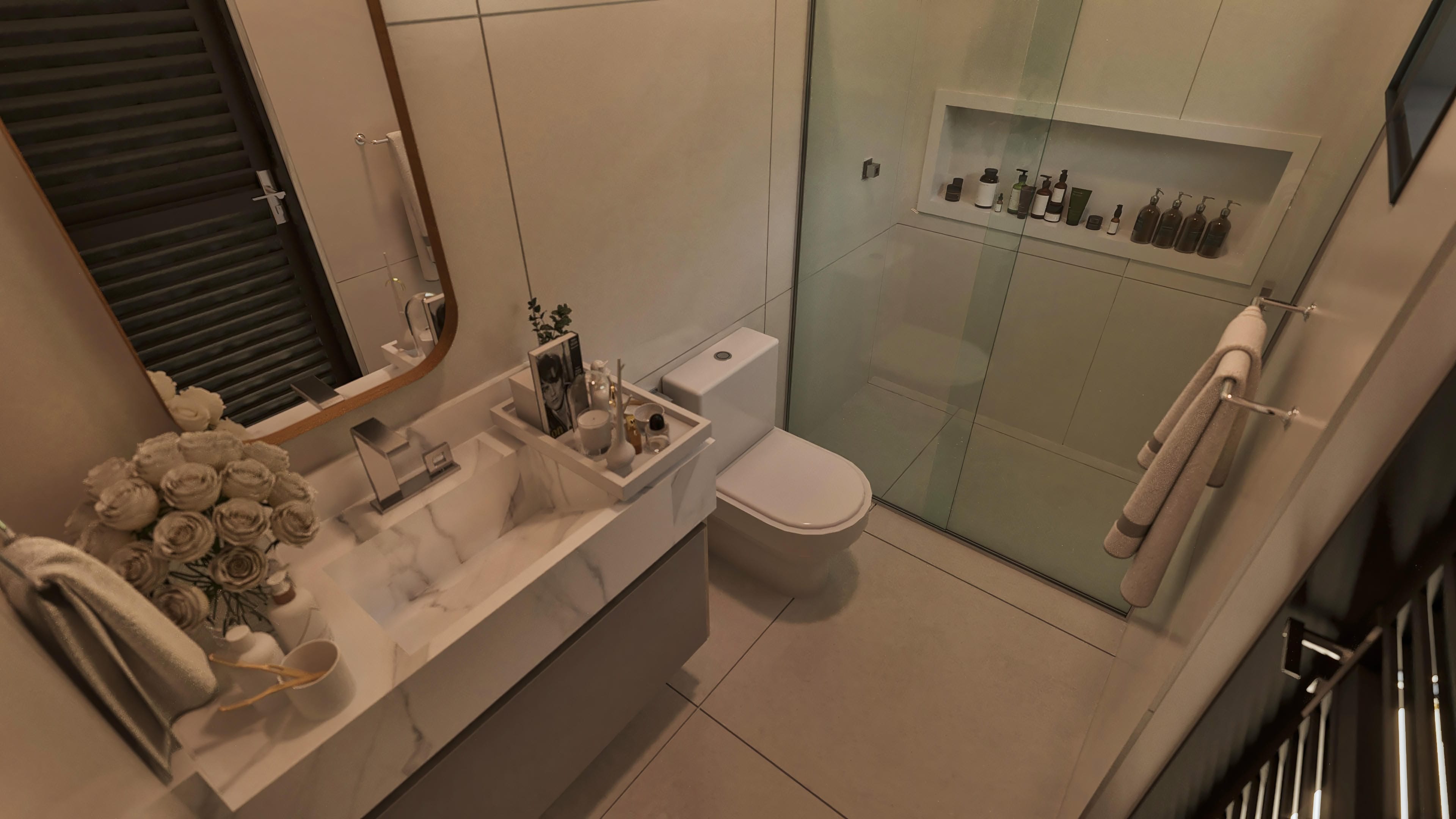 Encimera de baño en mármol con lavabo esculpido, grifo cromado y espejo. Ducha con rociador y nicho para productos. Papel pintado texturizado.
