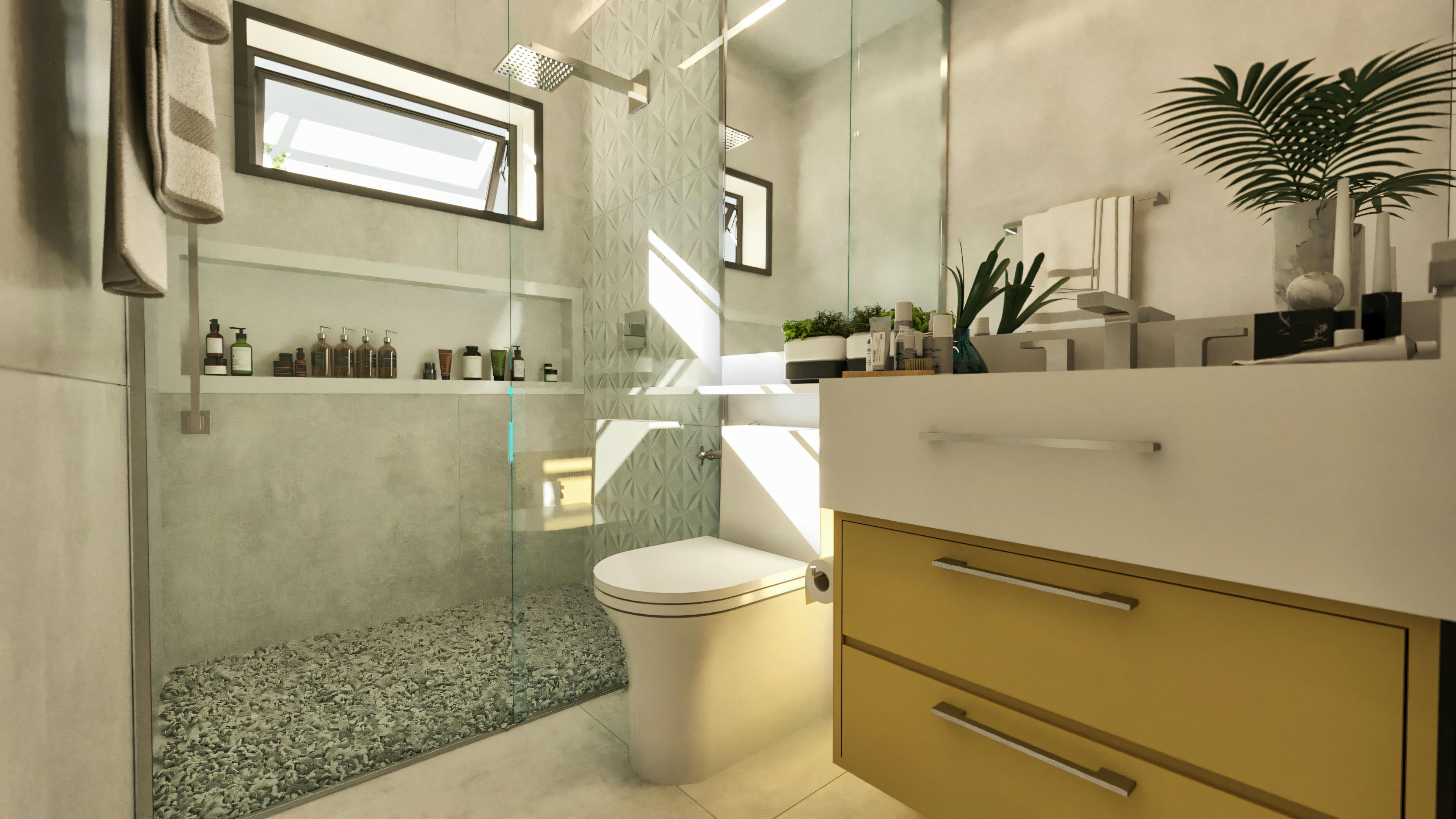Vista del baño moderno en casa de alto estándar con 5 dormitorios, con encimera amarilla, sanitario y ducha con revestimiento 3D, nicho y piso de guijarros.