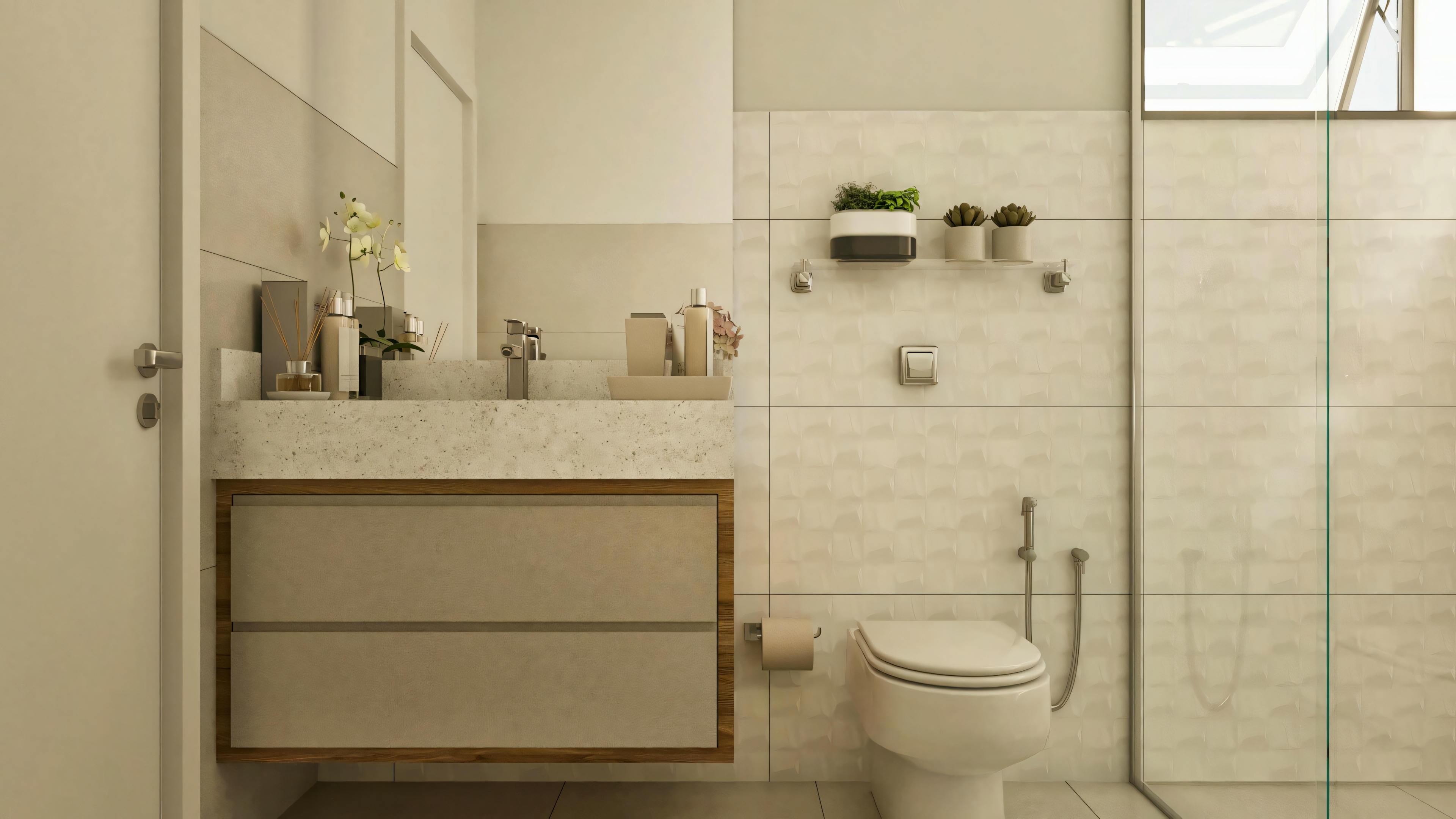 Baño de la segunda suite en el proyecto arquitectónico de la casa de dos pisos de 330m², presentando revestimiento de porcelánico claro, ducha de vidrio, inodoro, mueble suspendido con encimera de piedra clara y lavabo de apoyo, amplio espejo y puerta de acceso a la izquierda.