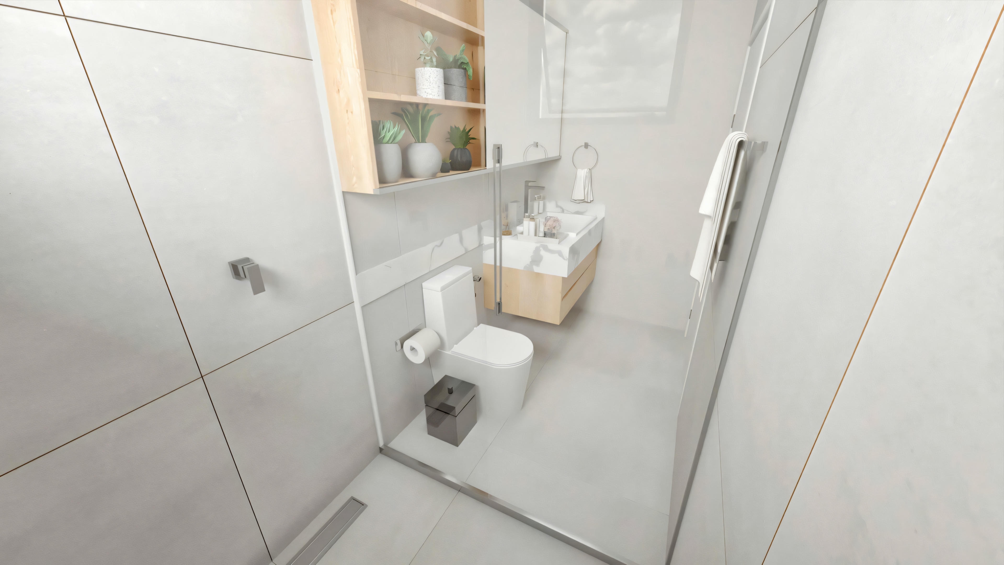 Bathroom with a shower area with glass doors, a white towel rack, and a sink in the background.