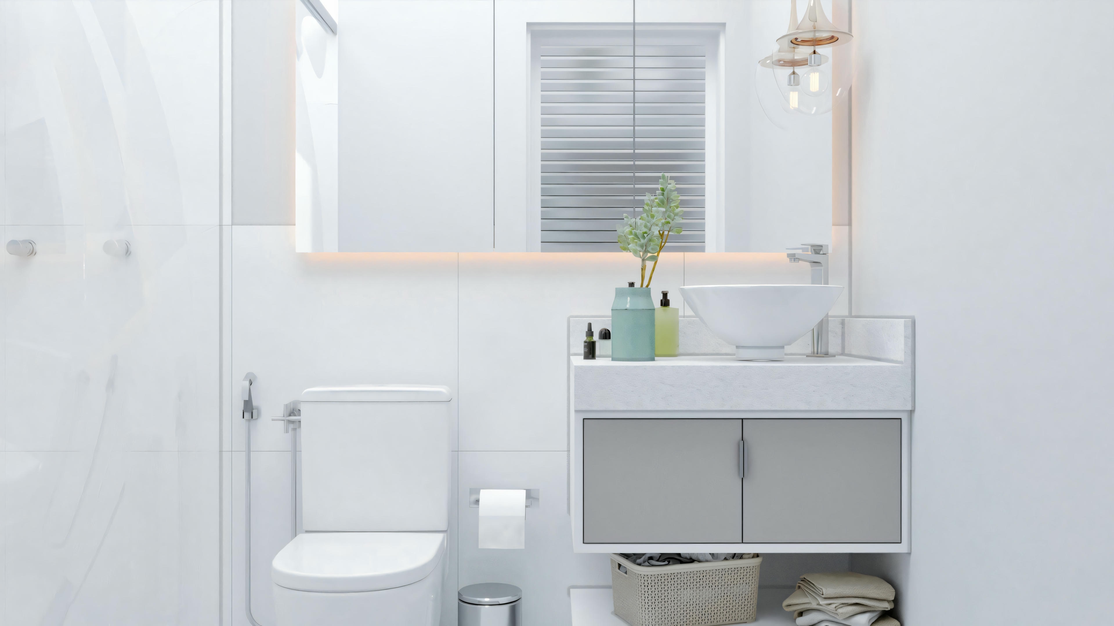 A bathroom with white walls, a shower with a glass enclosure, and a sink with a mirror.