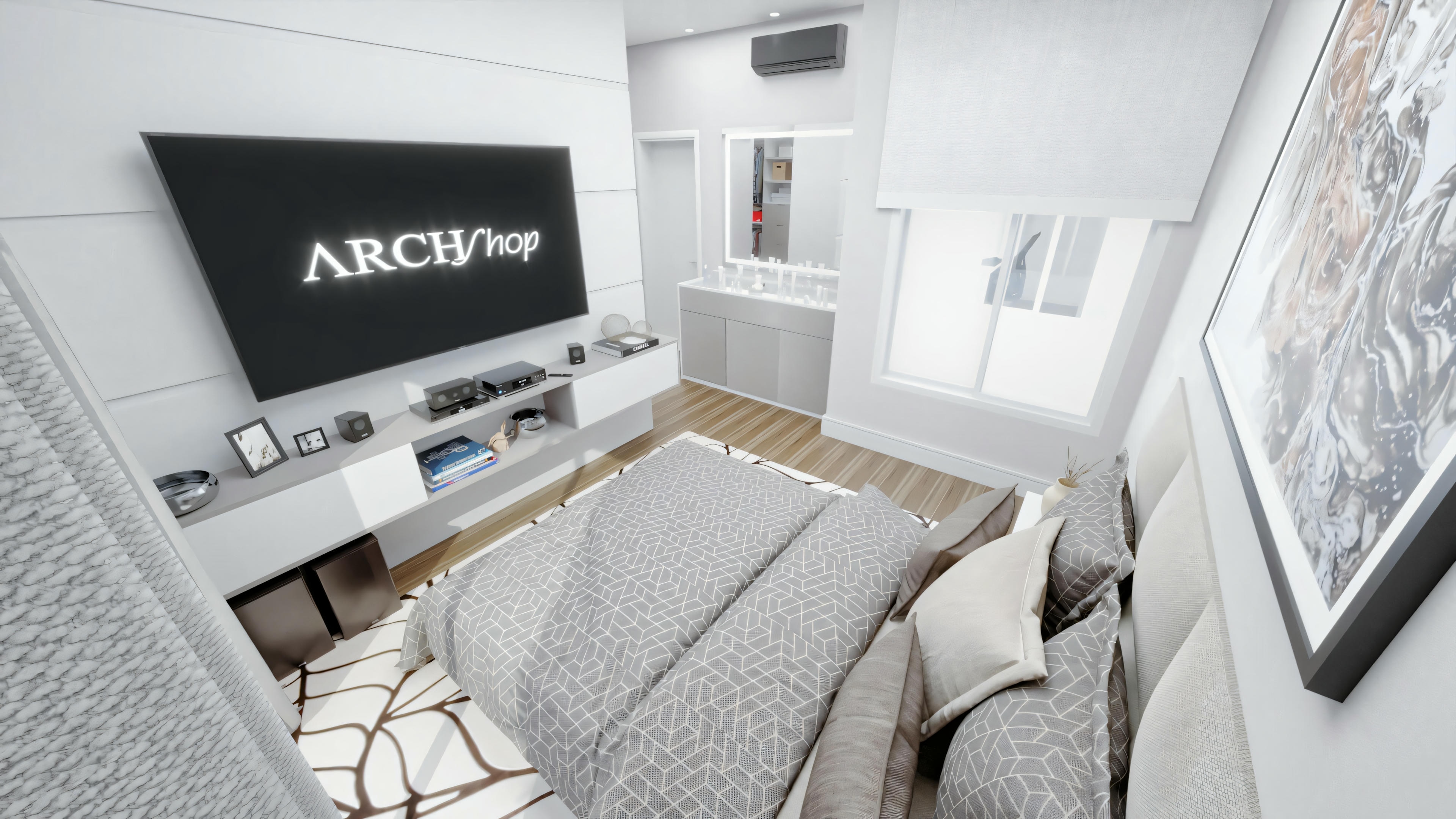 A bedroom with a large bed in shades of gray and white, patterned pillows, and a textured blanket.