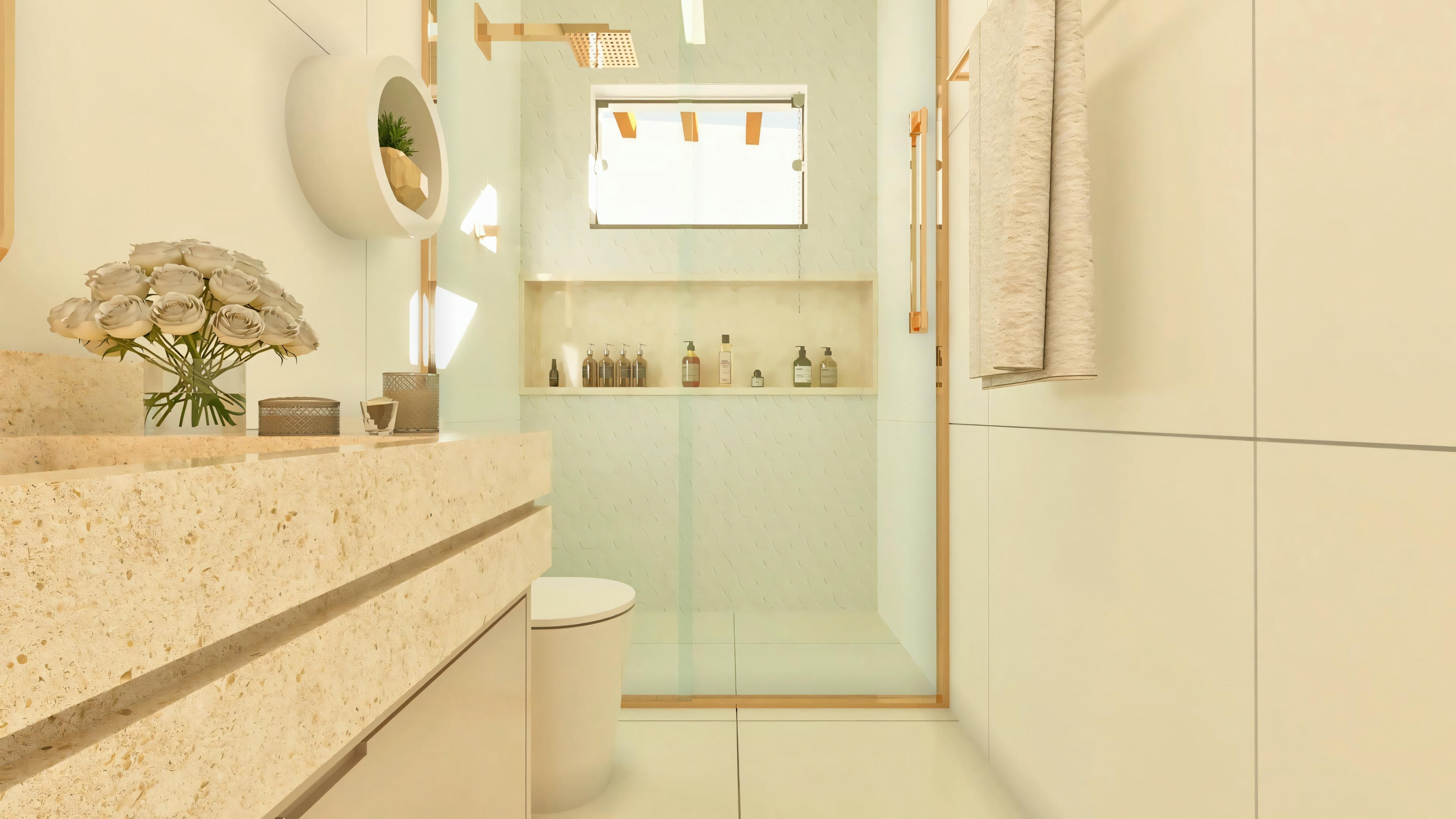 Detalhe do box no banheiro da suíte em casa de luxo, com nicho, chuveiro moderno e metais em acabamento rose gold/cobre.