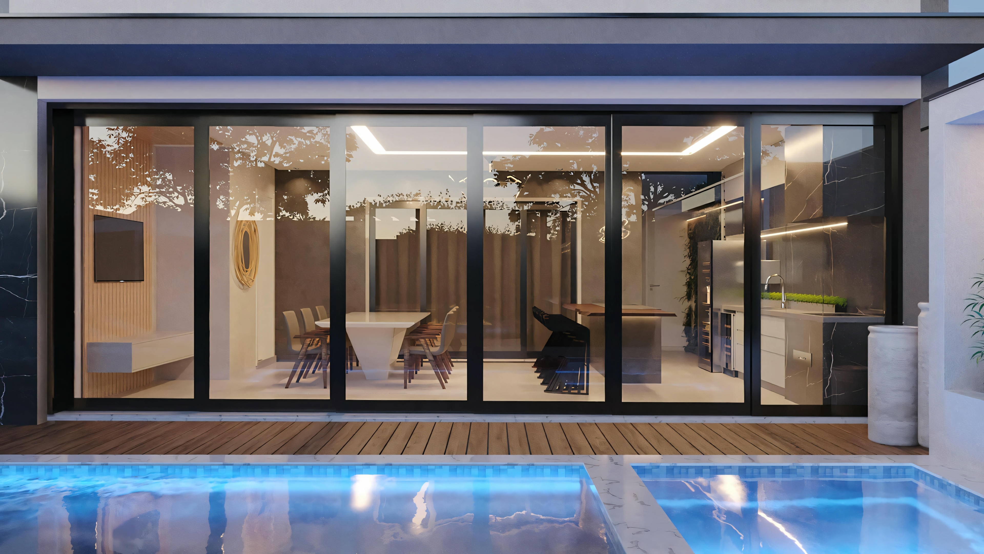 Uma casa moderna com piscina iluminada, destacando a arquitetura contemporânea e o design de iluminação.