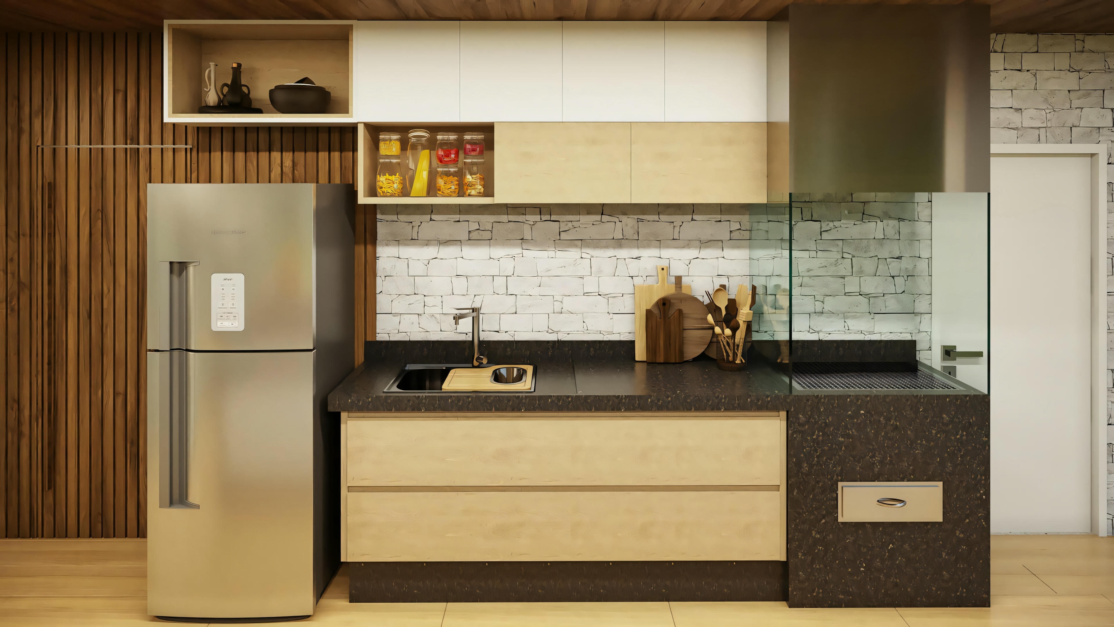 Detalle de la cocina en el área gourmet, con parrilla/vitrocerámica y armarios planificados. Parte del plano listo de casa con 3 suites y área gourmet. Proyecto 368m².