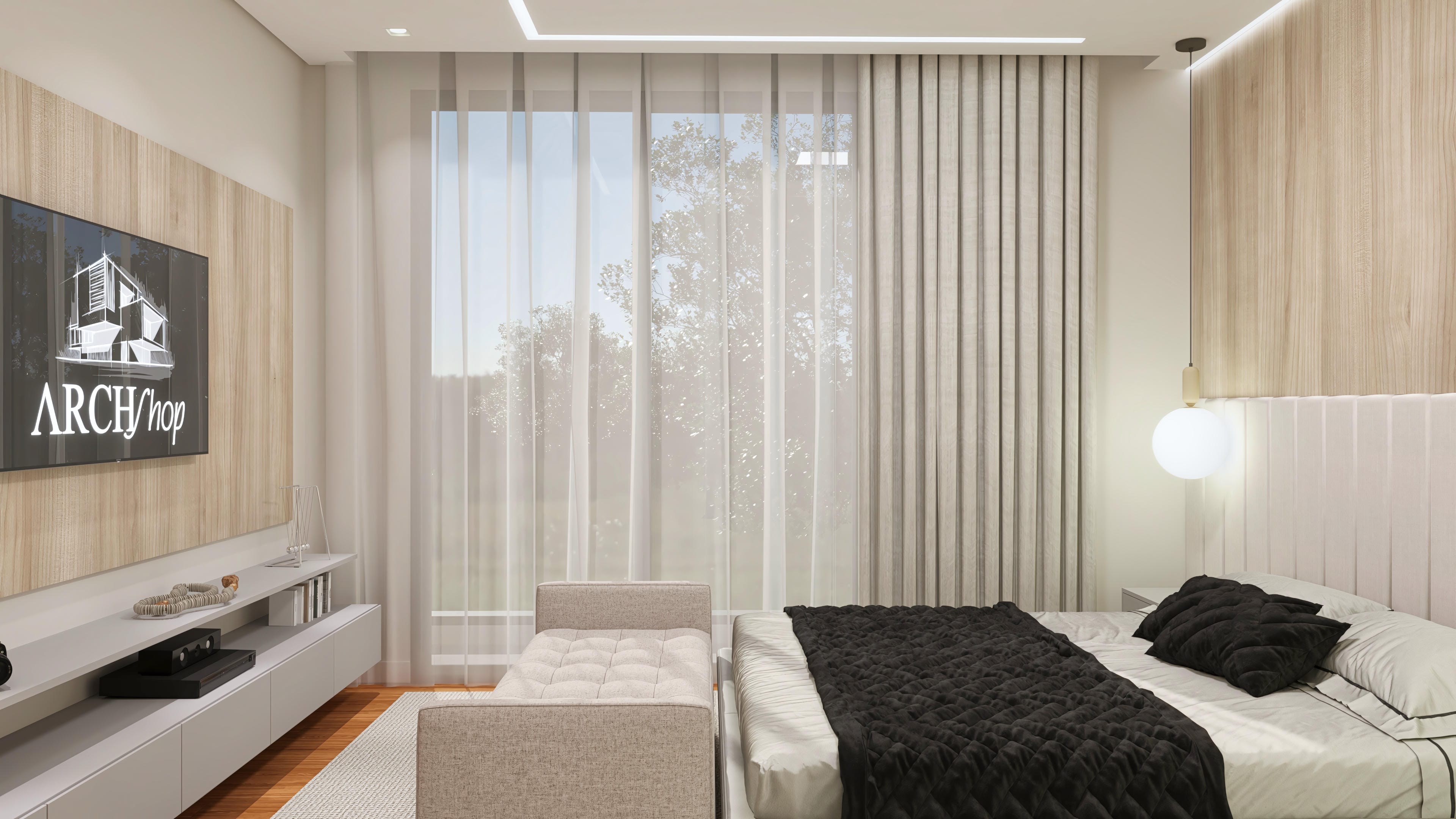 Interior of a bedroom with walls clad in light wood, king-size bed with neutral-toned linens, and built-in ceiling lighting.