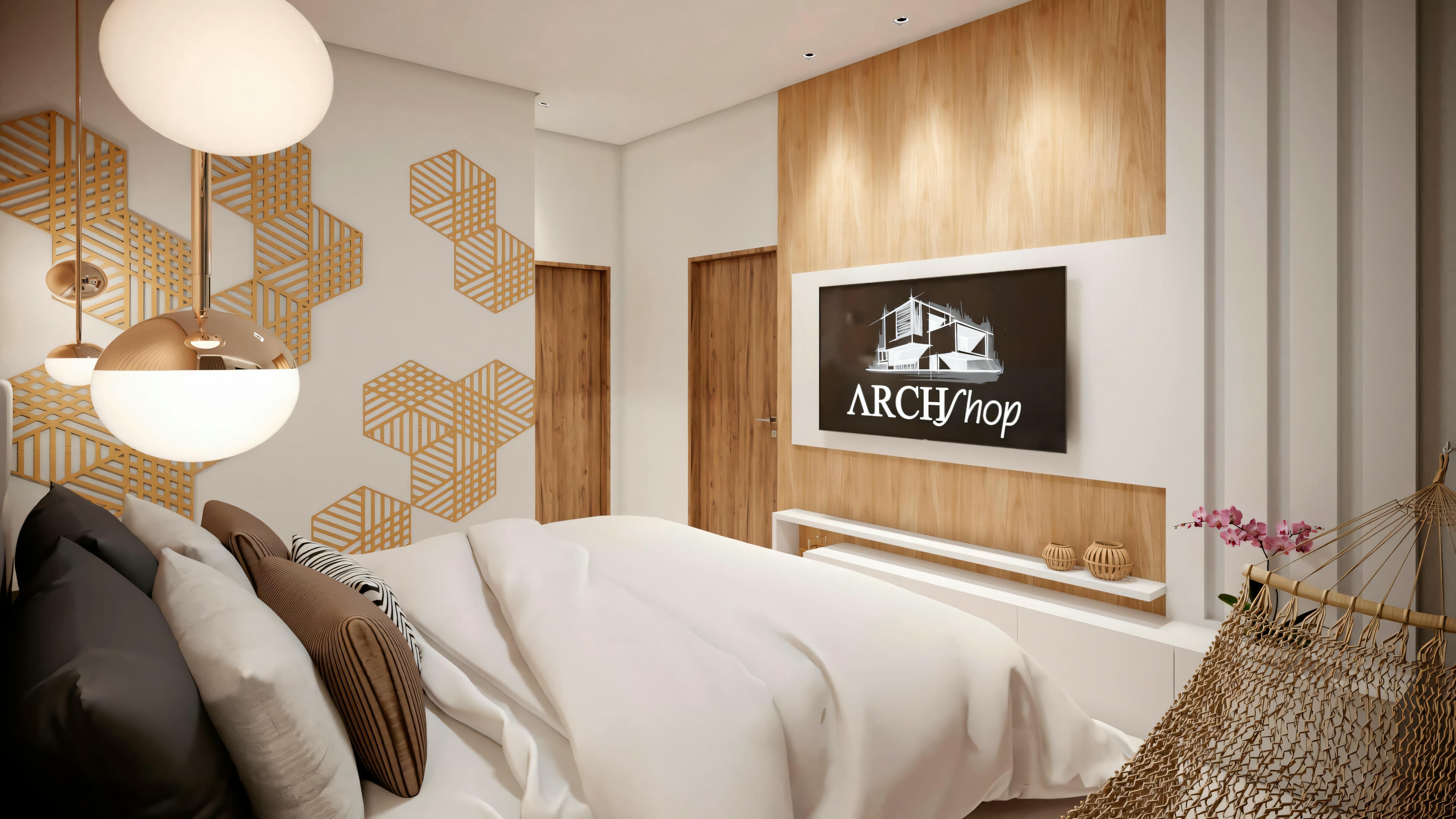 A cozy bedroom with a large bed, unique light fixtures, and decorative pillows.