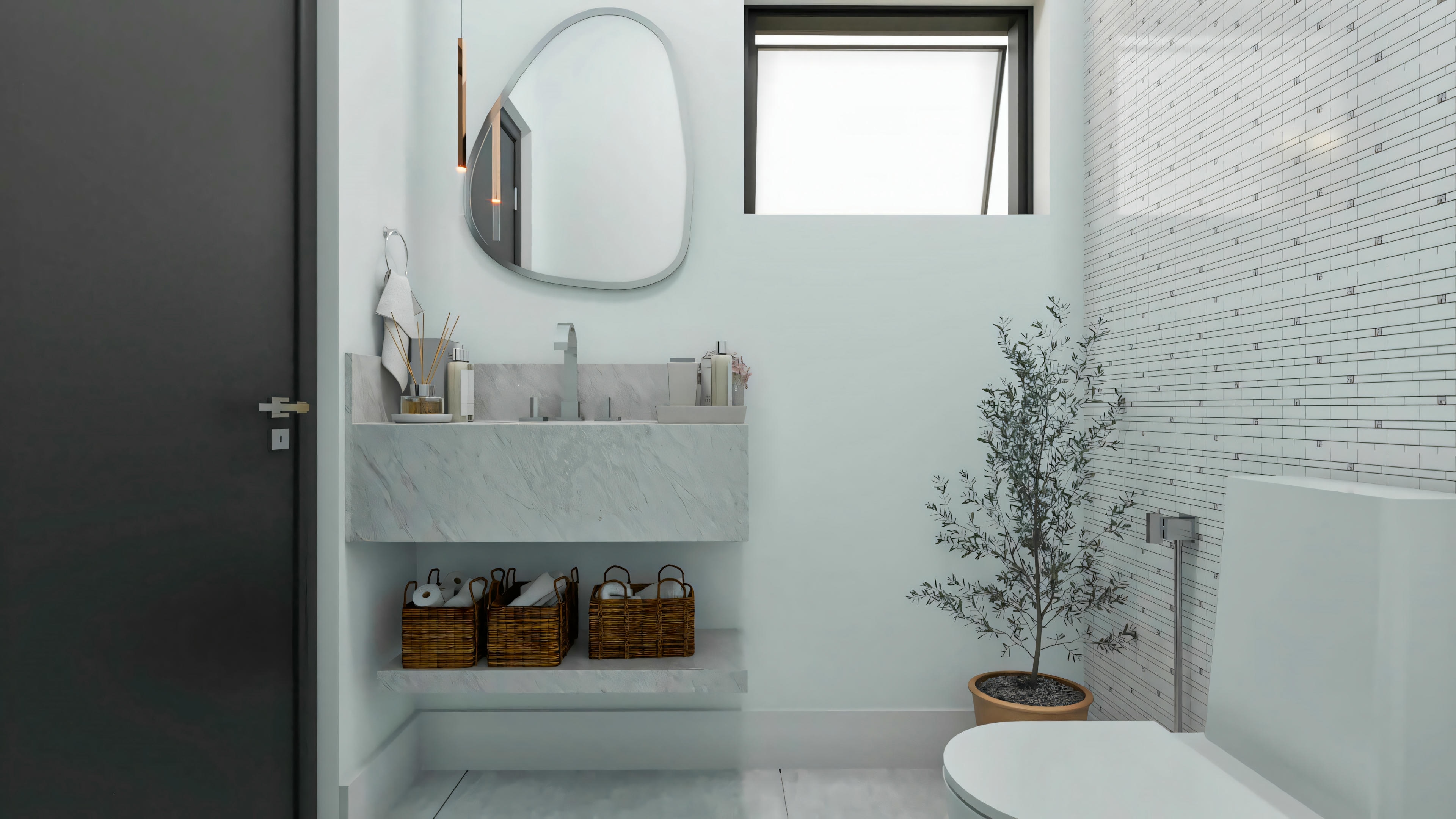 Design of the lavatory or guest bathroom in the 5-bathroom two-story house (194.7m² on a 10x25 lot). Environment with a floating stone countertop and sink, irregularly shaped mirror, textured wall cladding, and plant decoration.