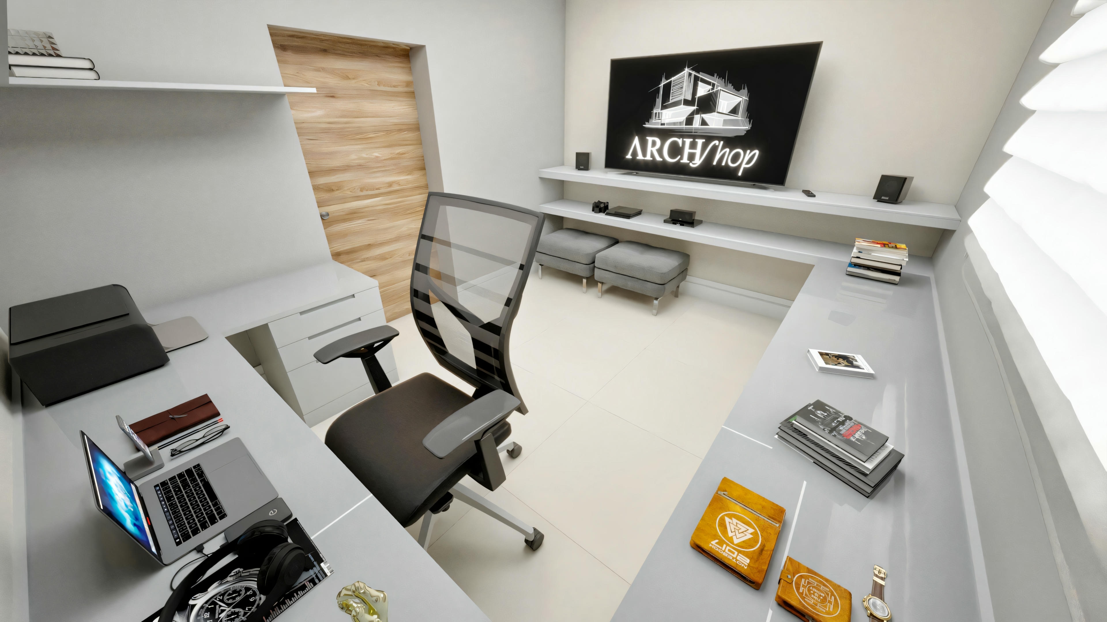 Vista superior del despacho home office empotrado con escritorio en L, silla ergonómica, estanterías y panel de TV, en proyecto de casa neoclásica moderna.