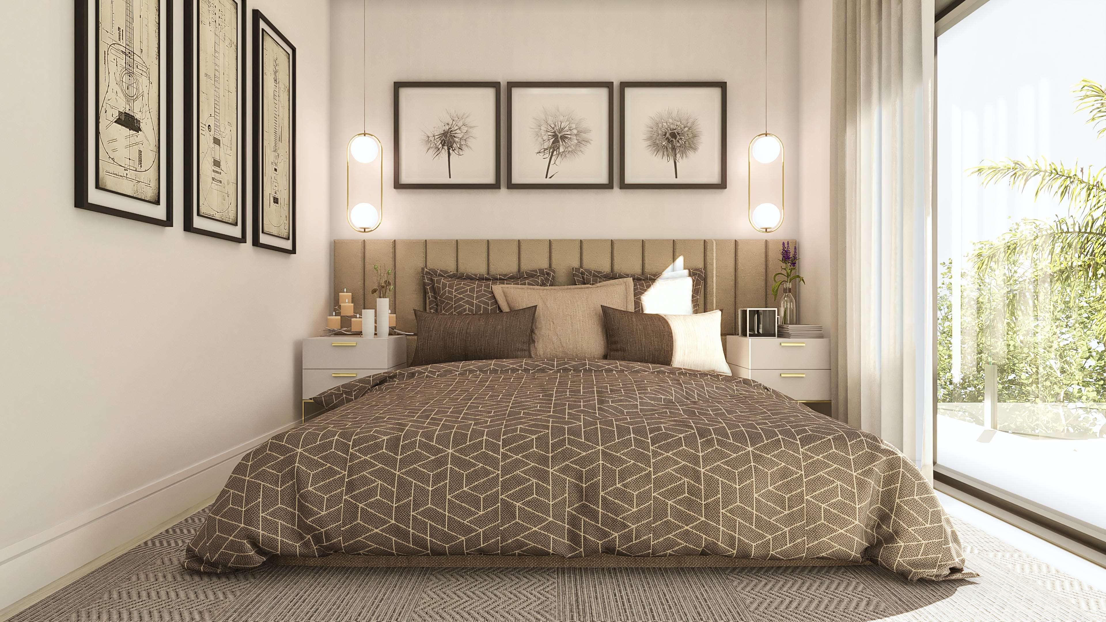 Interior of a modern bedroom with a king-size bed, upholstered headboard, white nightstands with gold handles, and artworks on the walls. The side has a large window overlooking the outdoor area with vegetation and natural light.