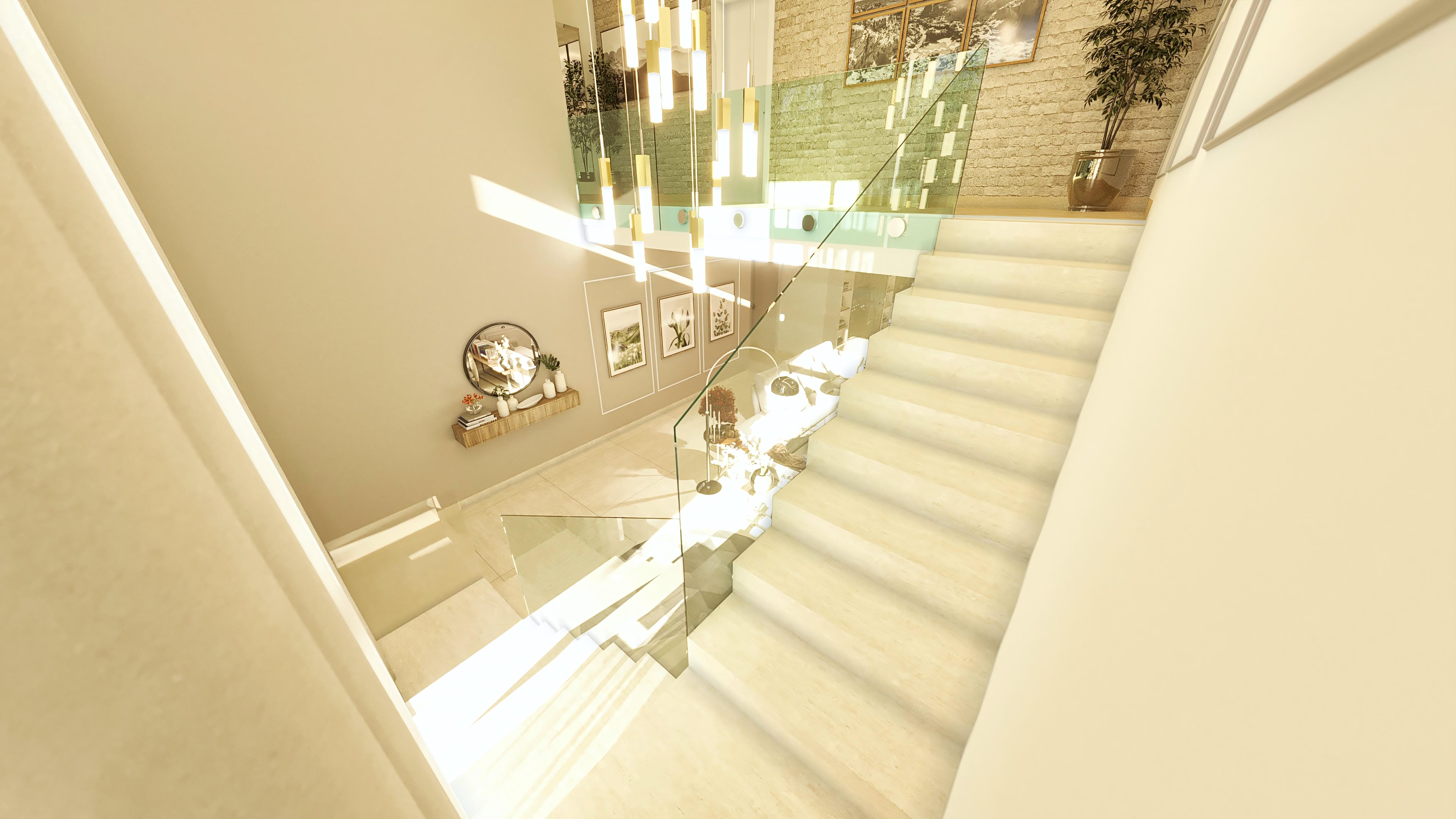 Escalera de casa de dos niveles con peldaños anchos y claros, barandilla de vidrio con detalles metálicos, iluminación moderna y acabado en tonos neutros.