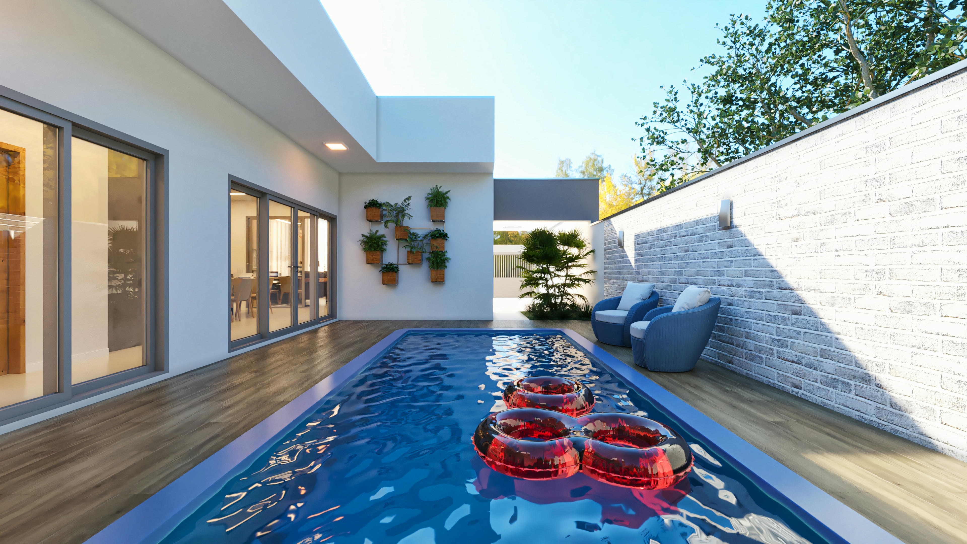 Front view of a modern house with a clear sky in the background.