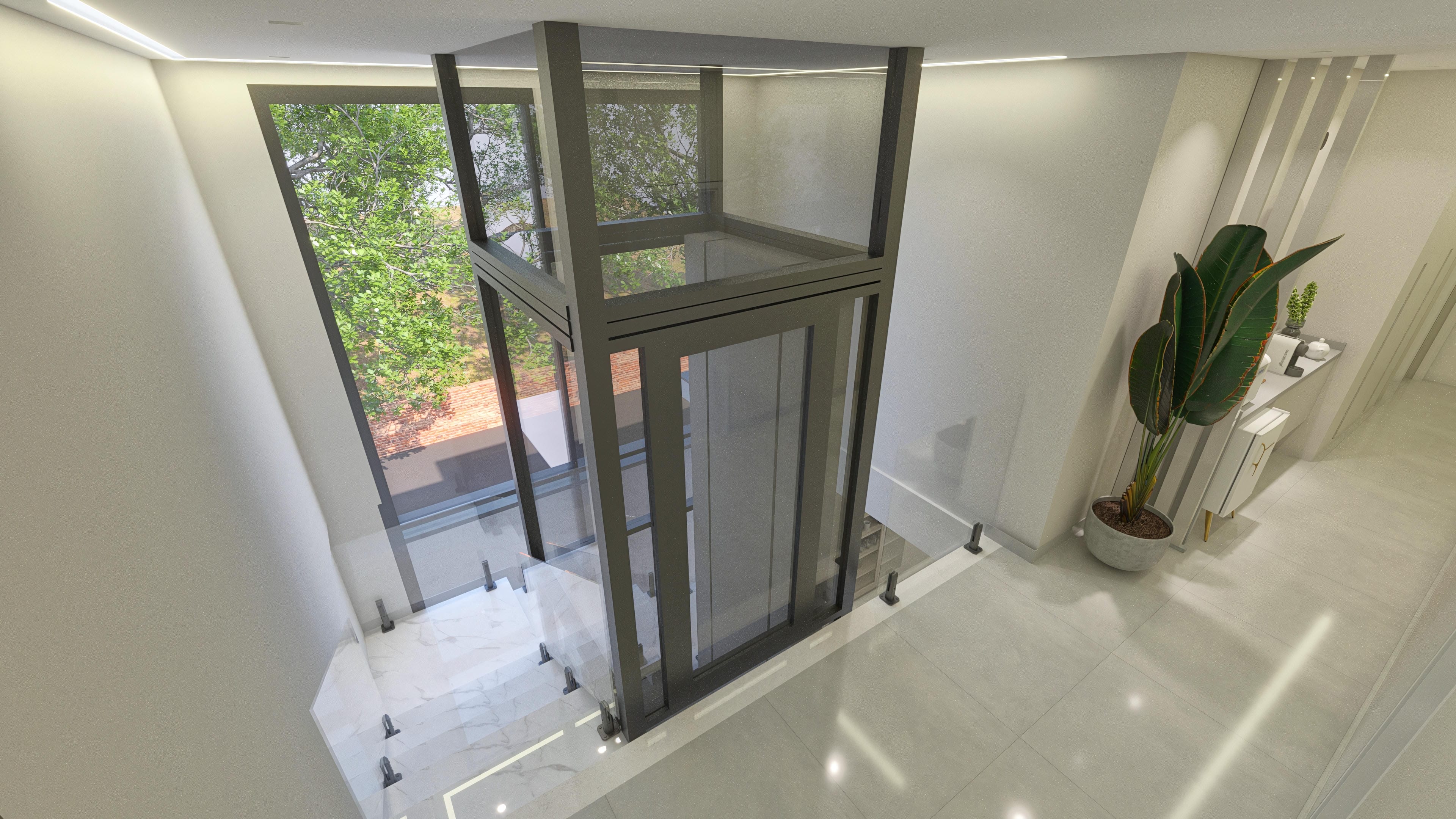 Modern interior with a central glass elevator and a light marble staircase with a glass railing and dark frames.