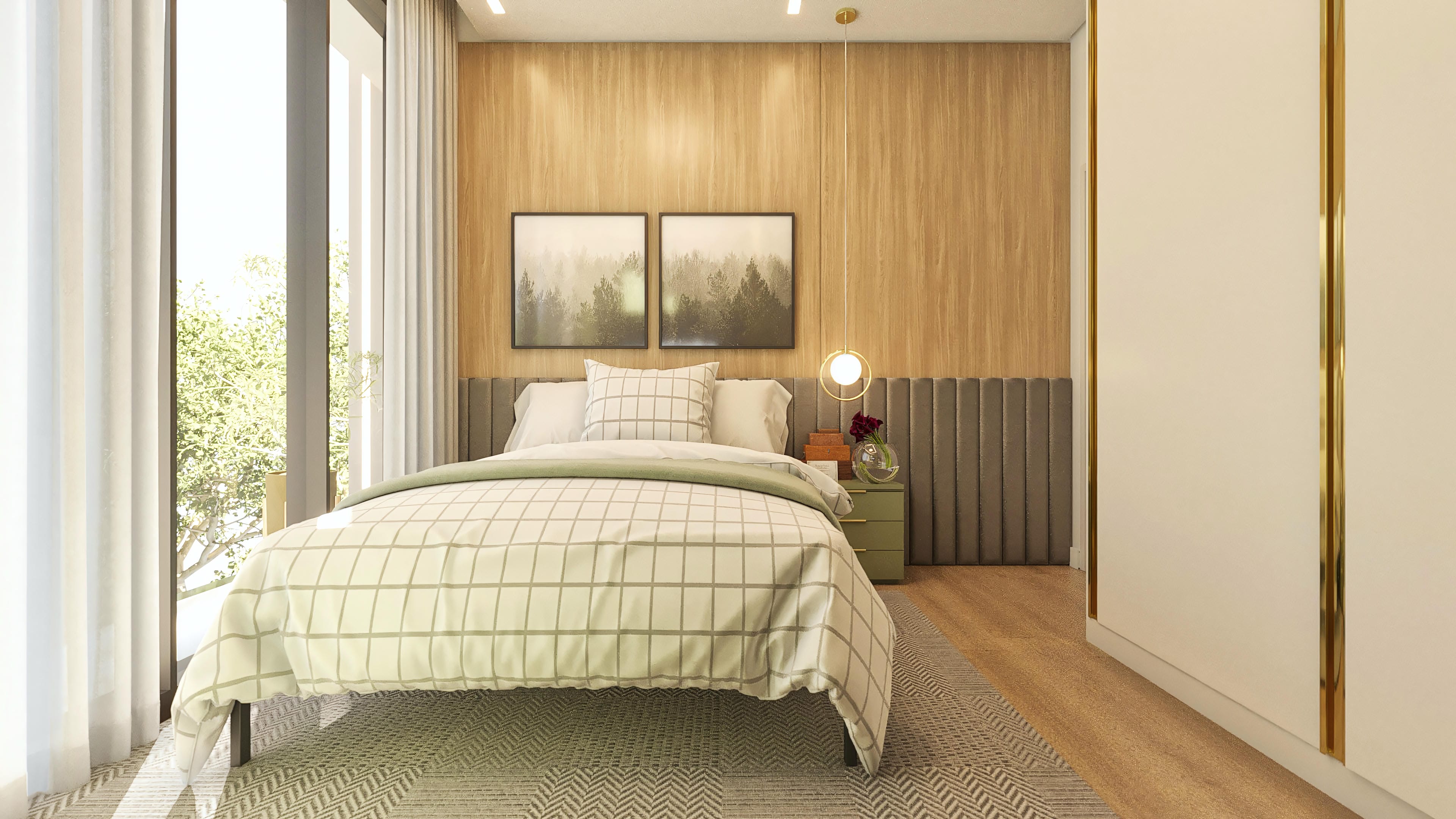 Habitación de casa de dos pisos pequeña con cama matrimonial, cabecera tapizada, panel de madera, cuadros de paisaje y closet con espejos, integrado al área externa con mucha vegetación.