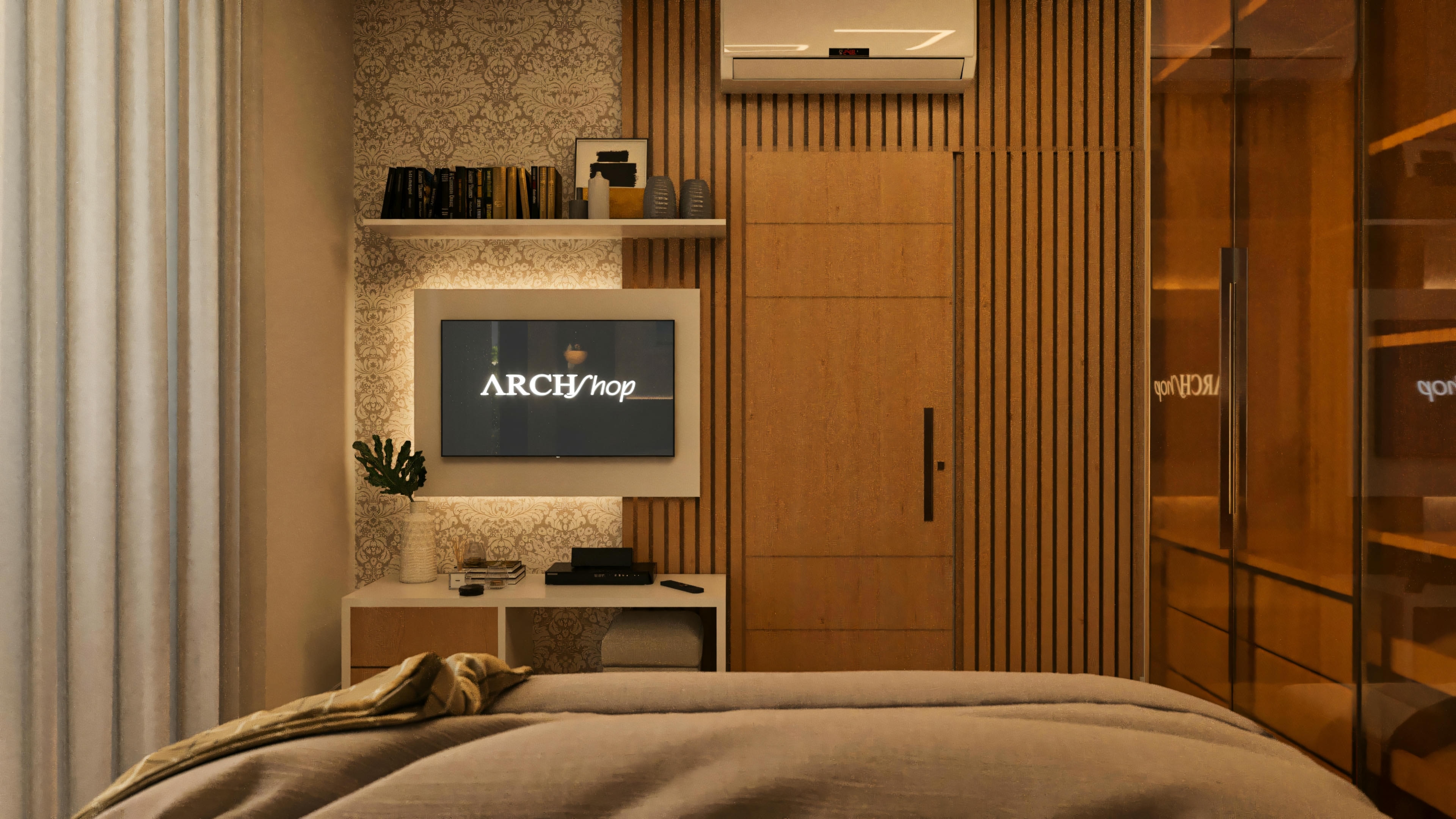 Perspectiva de la habitación suite desde la cama, exhibiendo panel de TV con estante, pared de madera listonada integrando una puerta, aire acondicionado y parte de un closet con puertas de vidrio.