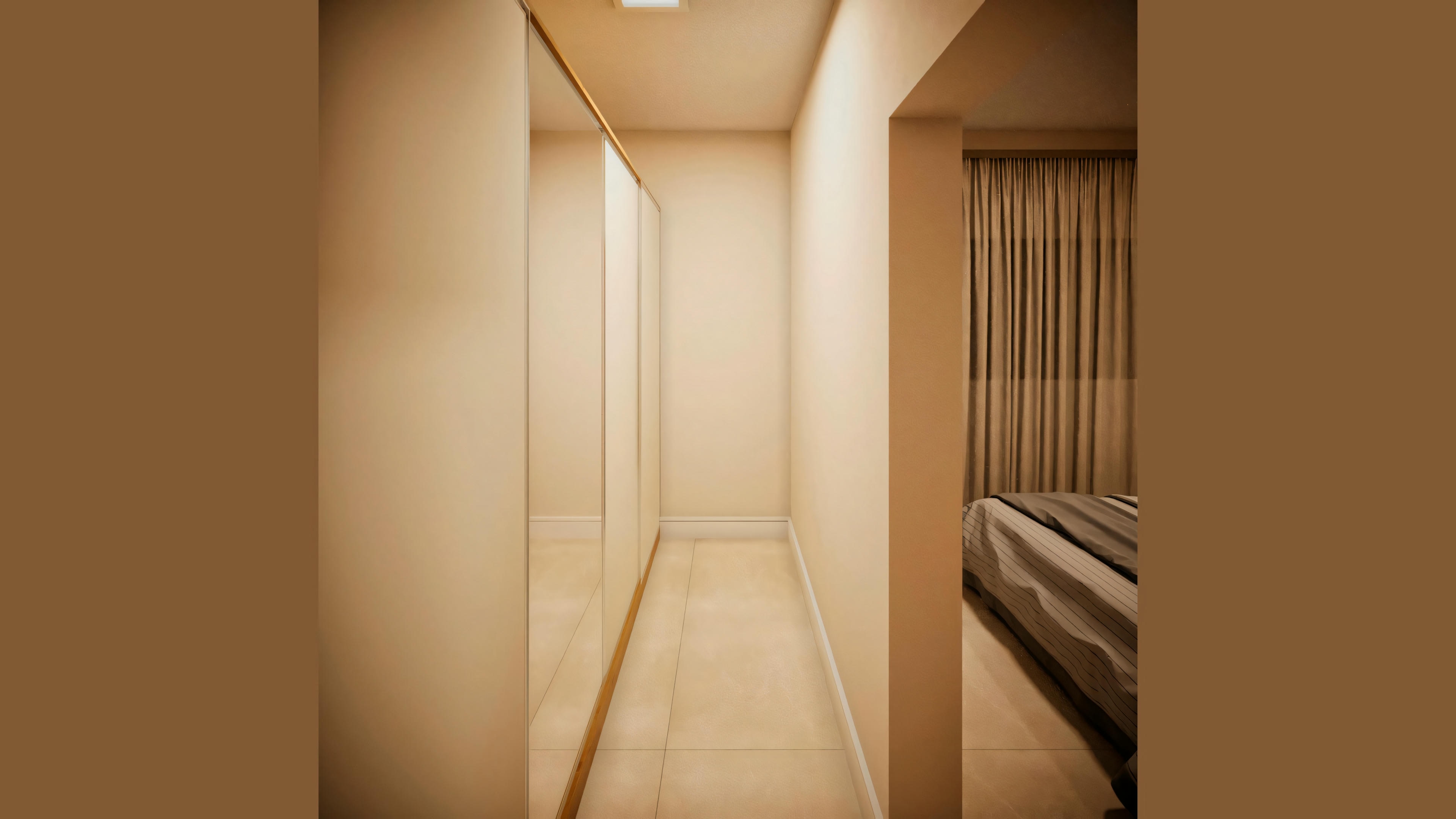 Hallway with wooden floor and walls, lit by soft light.