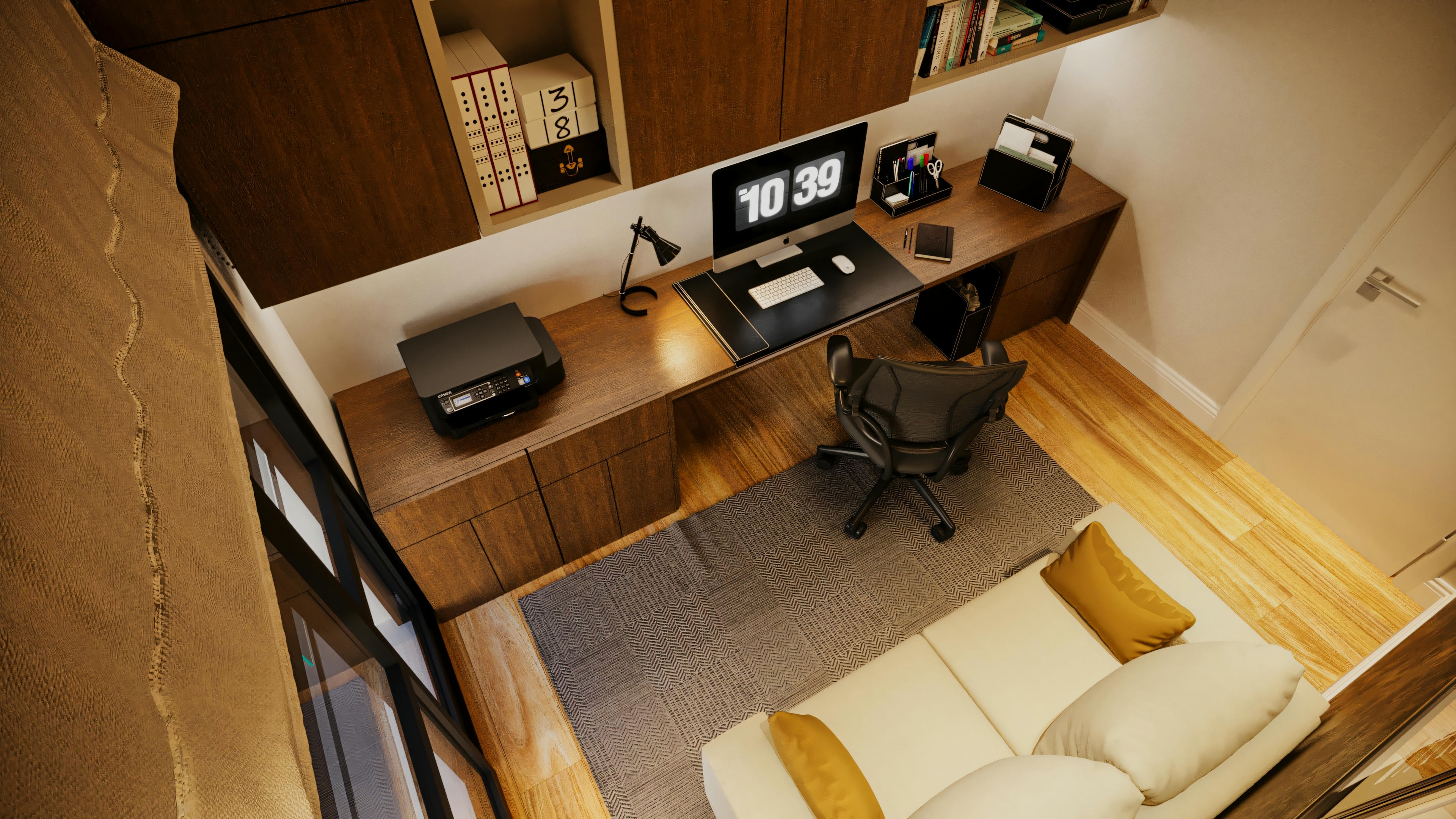 Top view of a residential office with L-shaped desk, computer, printer, chair, cabinets and sofa, in a house with 3 suites.