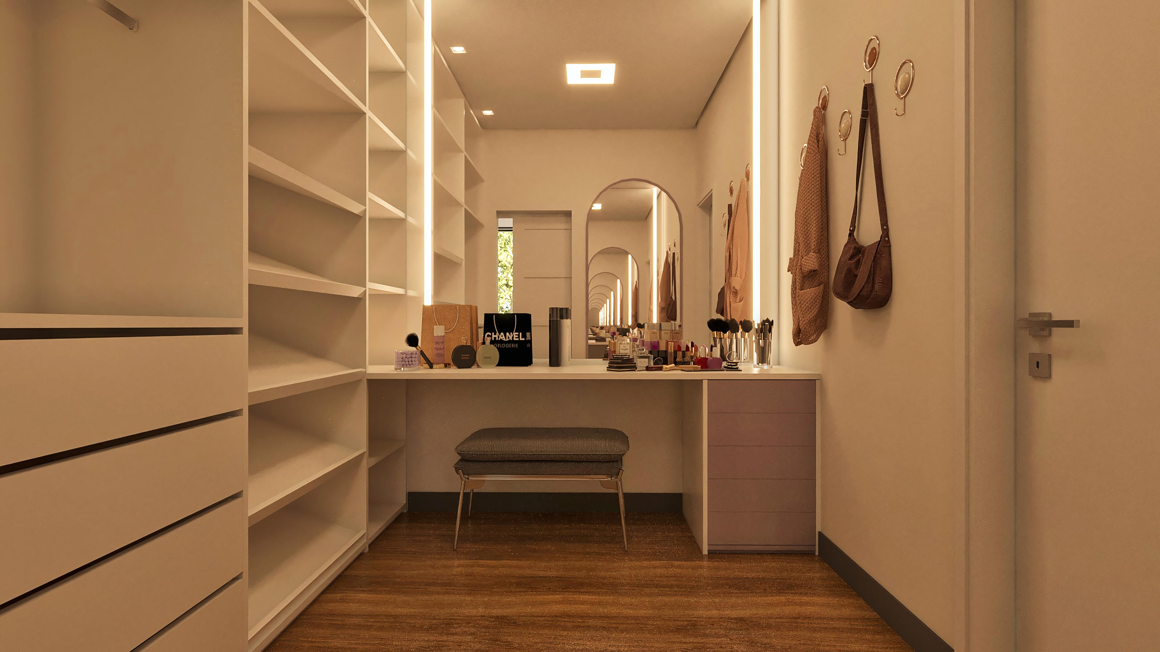 Closet with makeup vanity, arched mirrors, LED lighting, and large shelves.