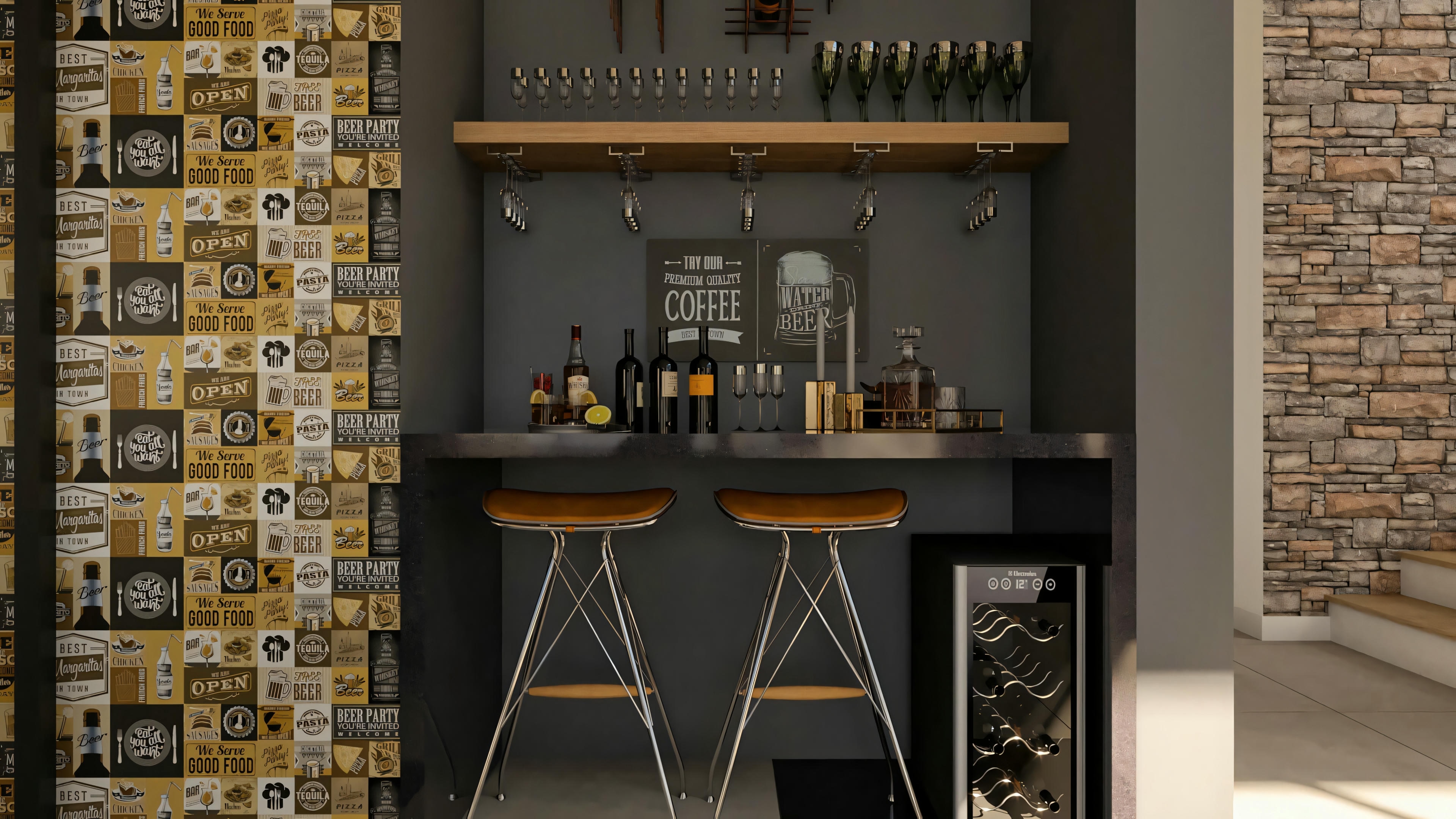 Detail of the bar in a ready-made house project with 5 suites, including a countertop with high stools, a wine cellar, a shelf for bottles and glasses, and a stone-clad wall.