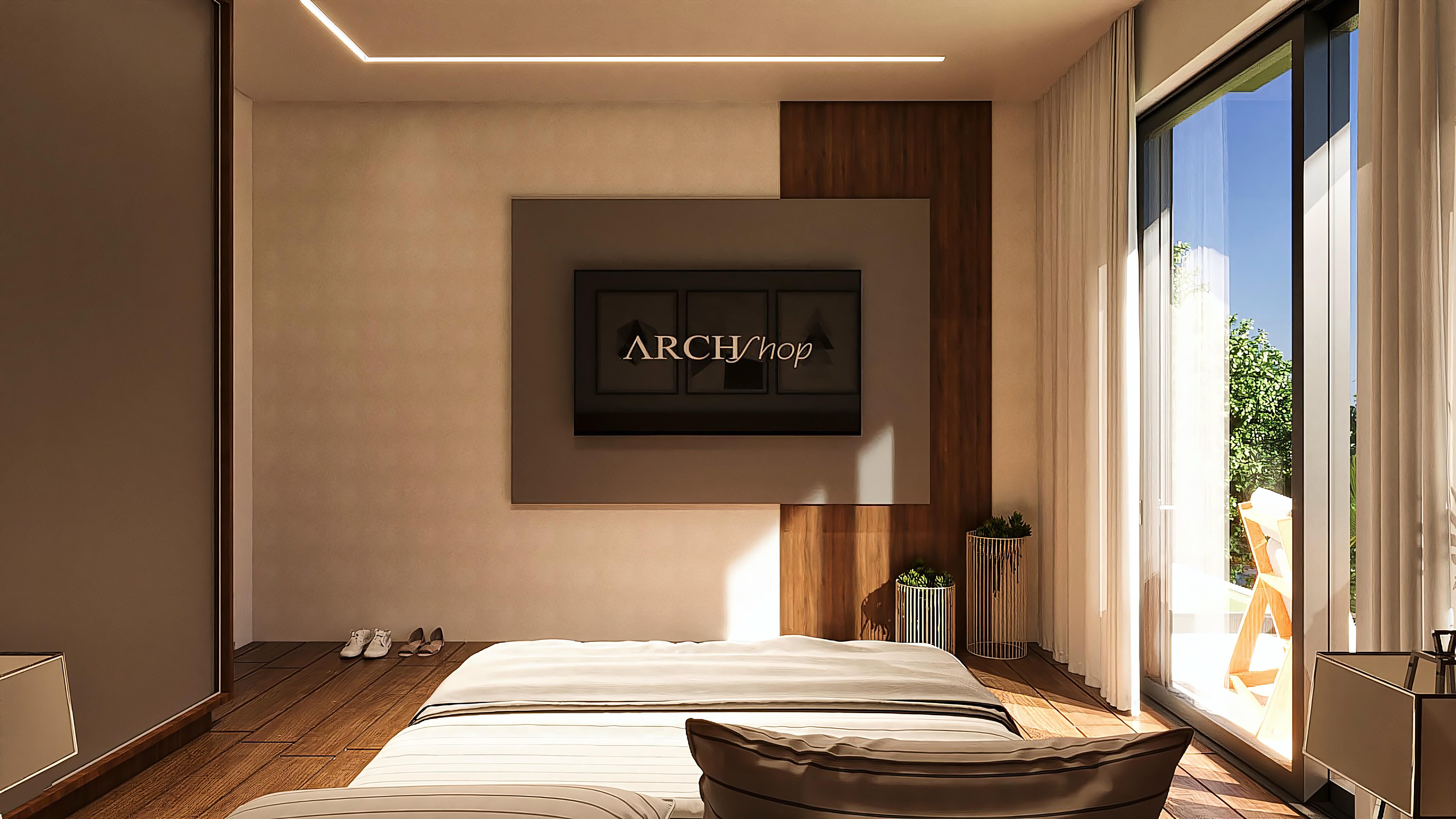 Bedroom interior with high-standard finishes, wood details, and access to the outdoor area with a pool.