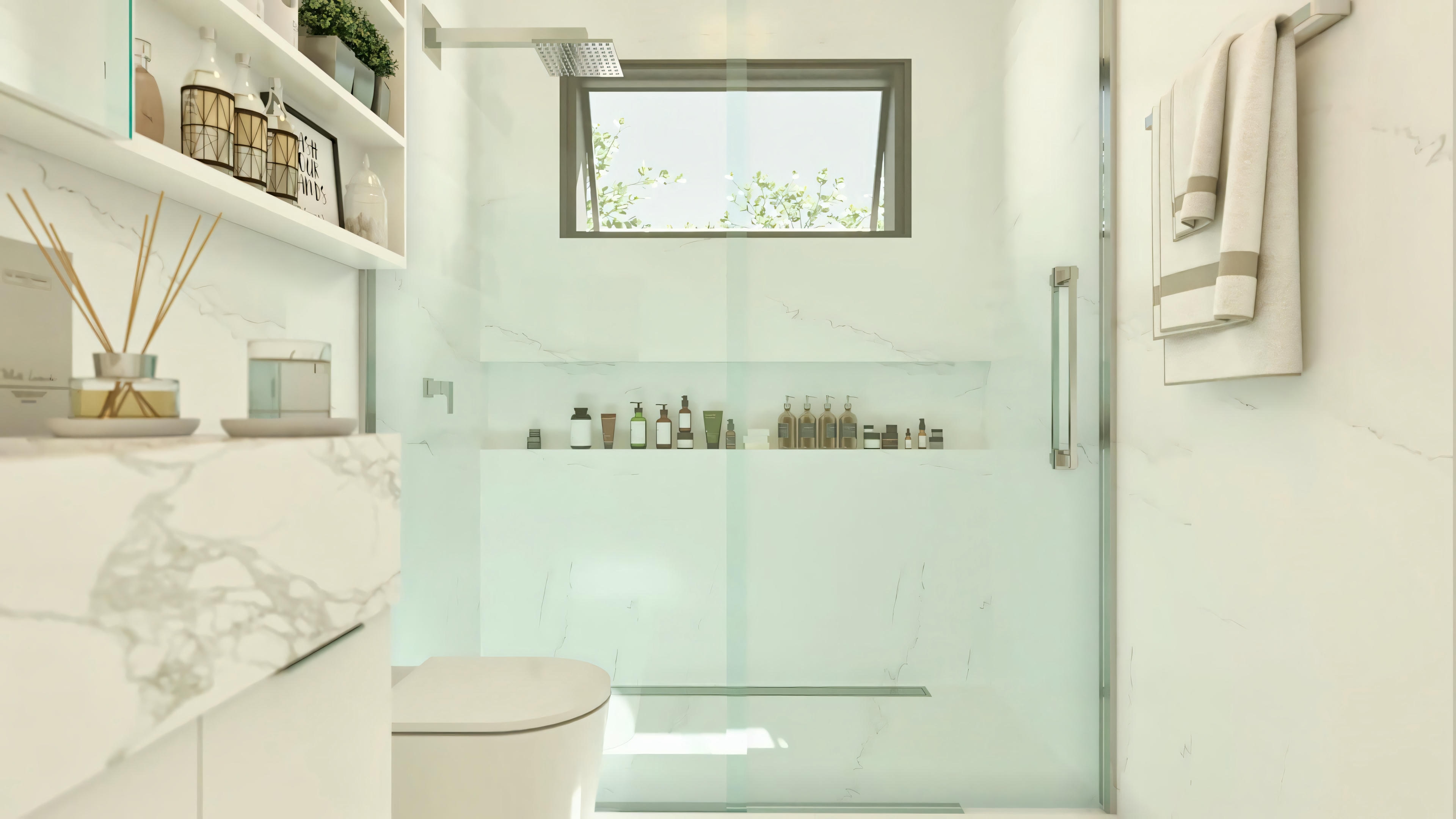 Detail of the shower box in the suite bathroom of a luxury house project, with built-in niche, modern showerhead, and Calacatta marble cladding.