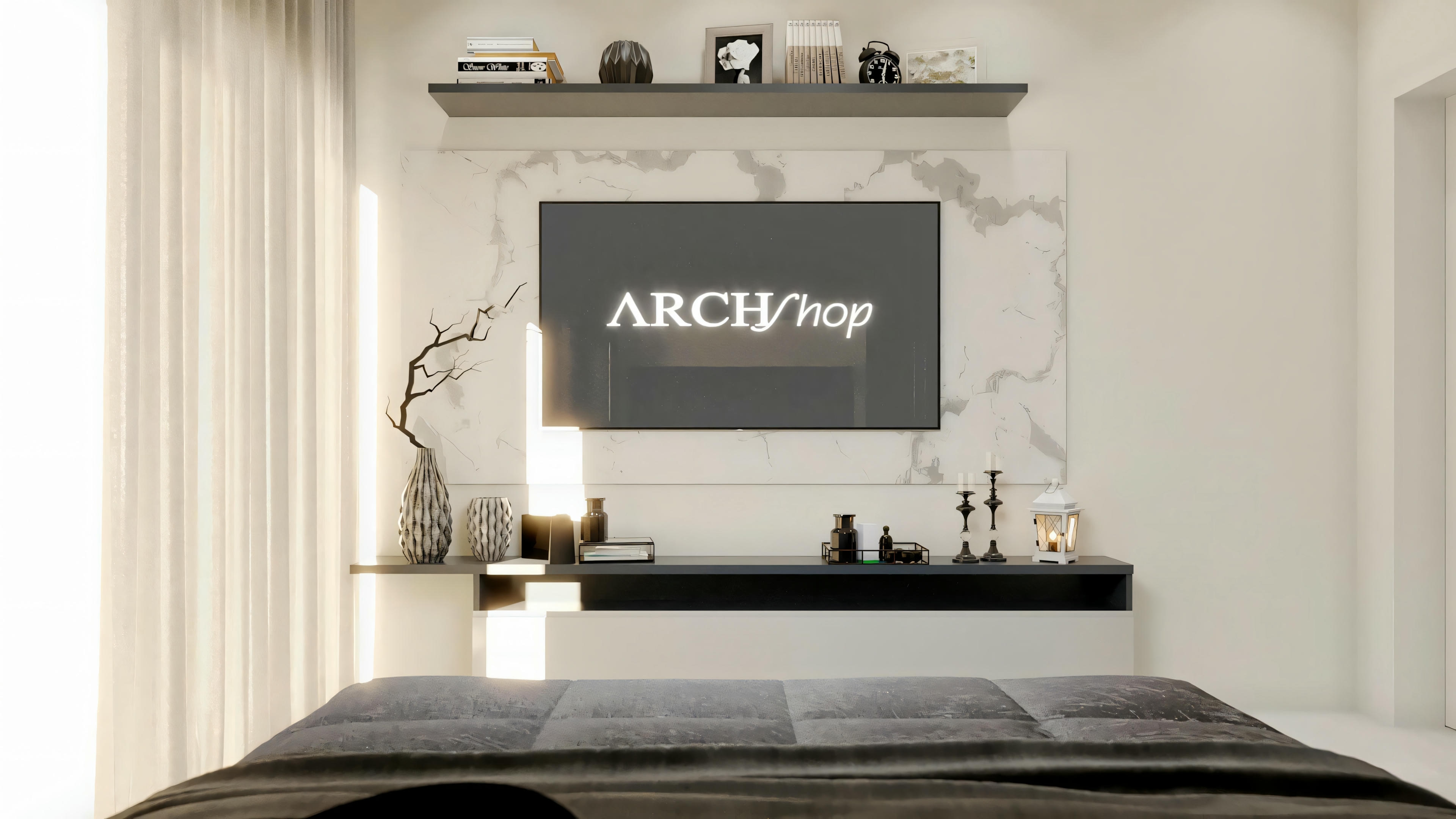 Marble TV panel detail in the master suite of the Archshop residential project. This 3-bedroom (suites) house project includes modern and functional design solutions, such as this integrated panel. Ready-made project for construction.