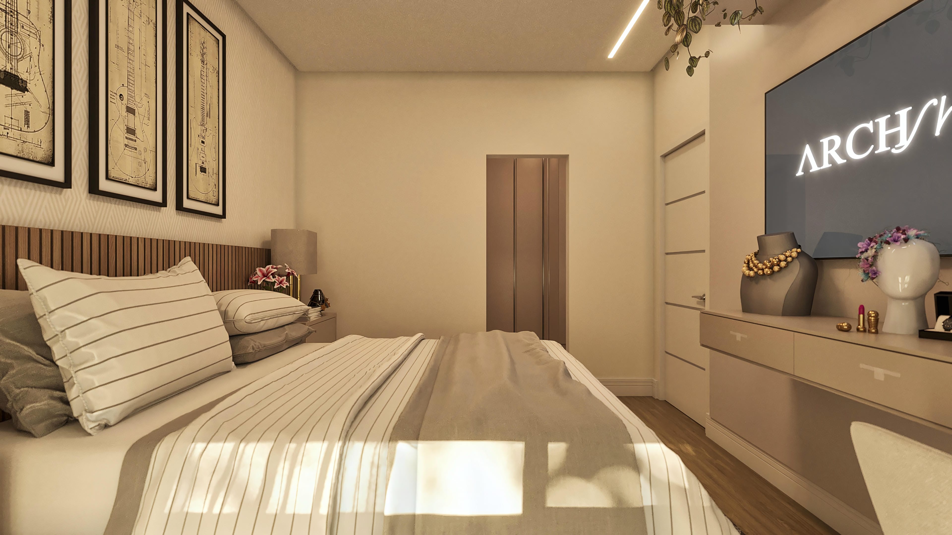 Modern bedroom with a double bed, slatted wood headboard, and artworks inspired by musical instruments on the wall.
