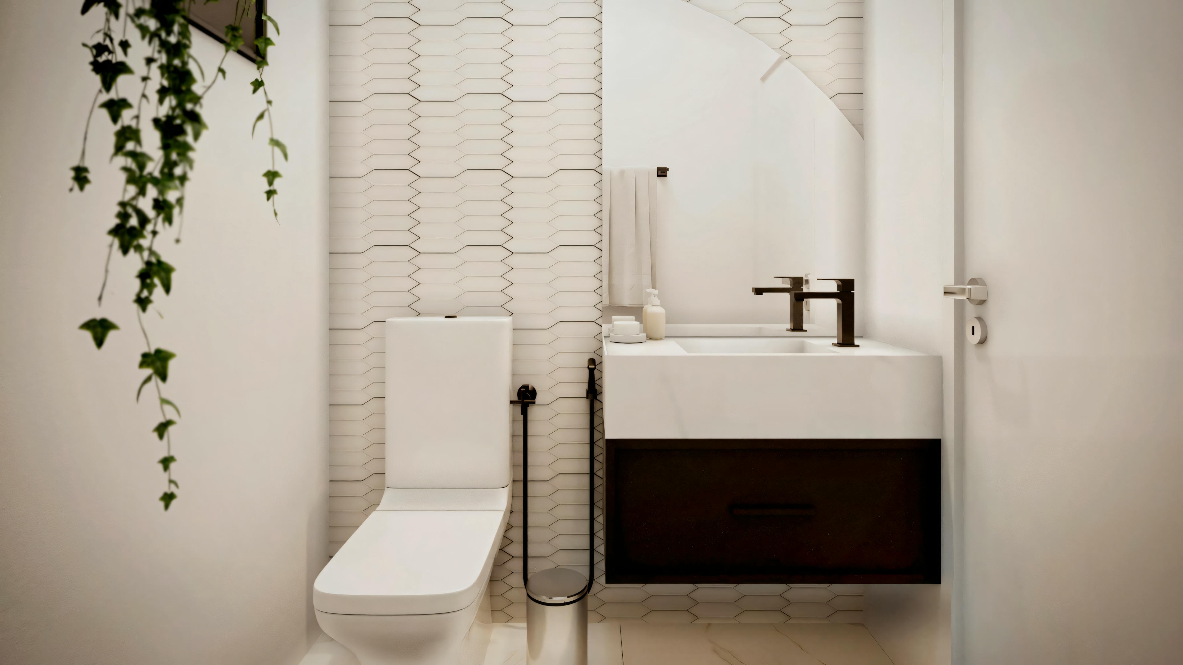 Modern bathroom with a freestanding bathtub, glass shower doors, and hanging plants.