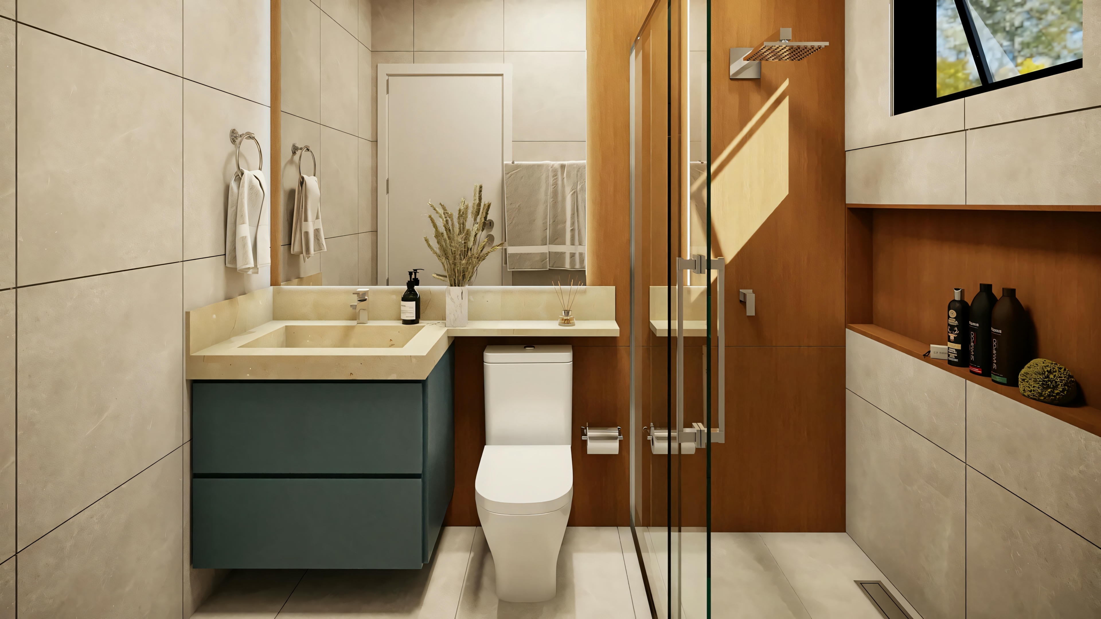 A bathroom com a sink, mirror, e wooden elements that create a cozy atmosphere.
