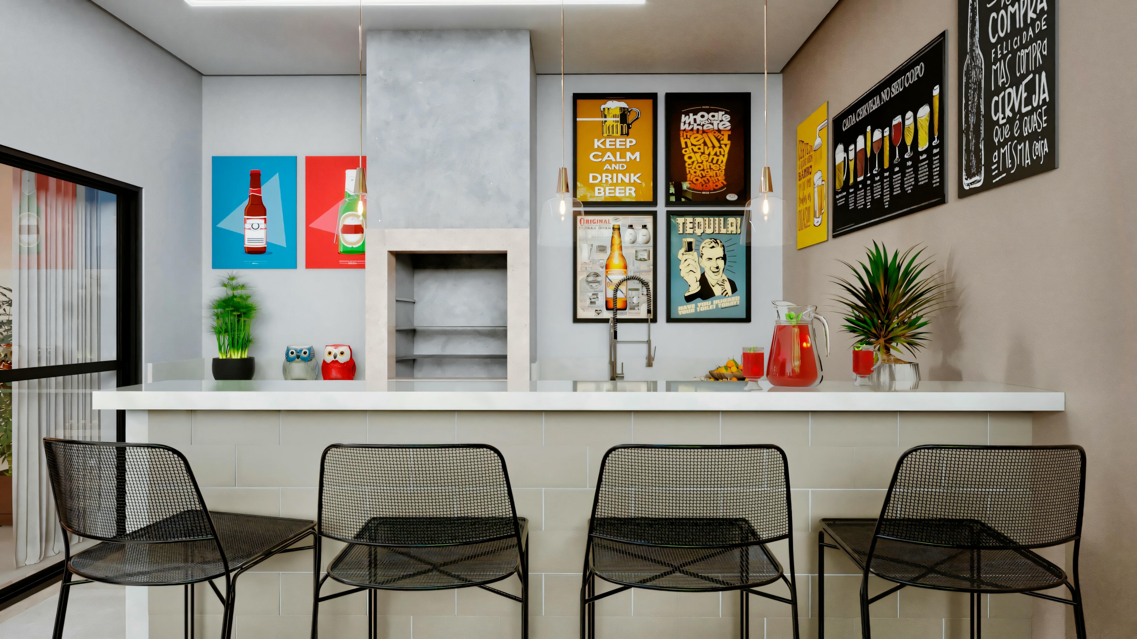 An interior space, likely a kitchen or dining area, with a modern aesthetic. There is a white countertop with four gray chairs around it.
