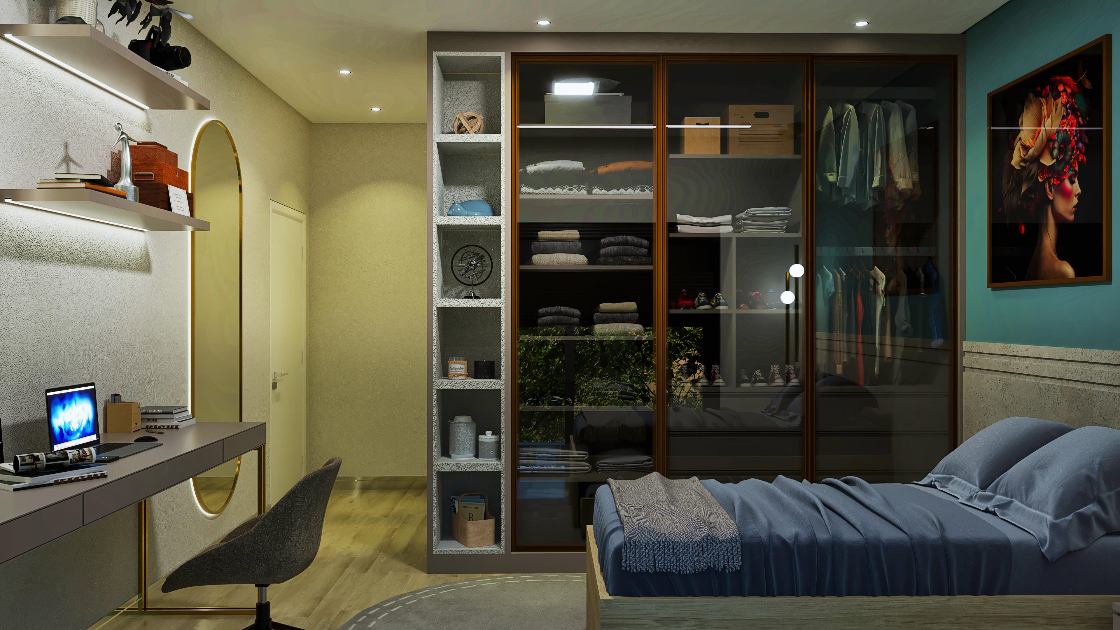 Interior of the main suite with bed, custom glass closet, office, and modern decoration. Neutral colors and recessed lighting.