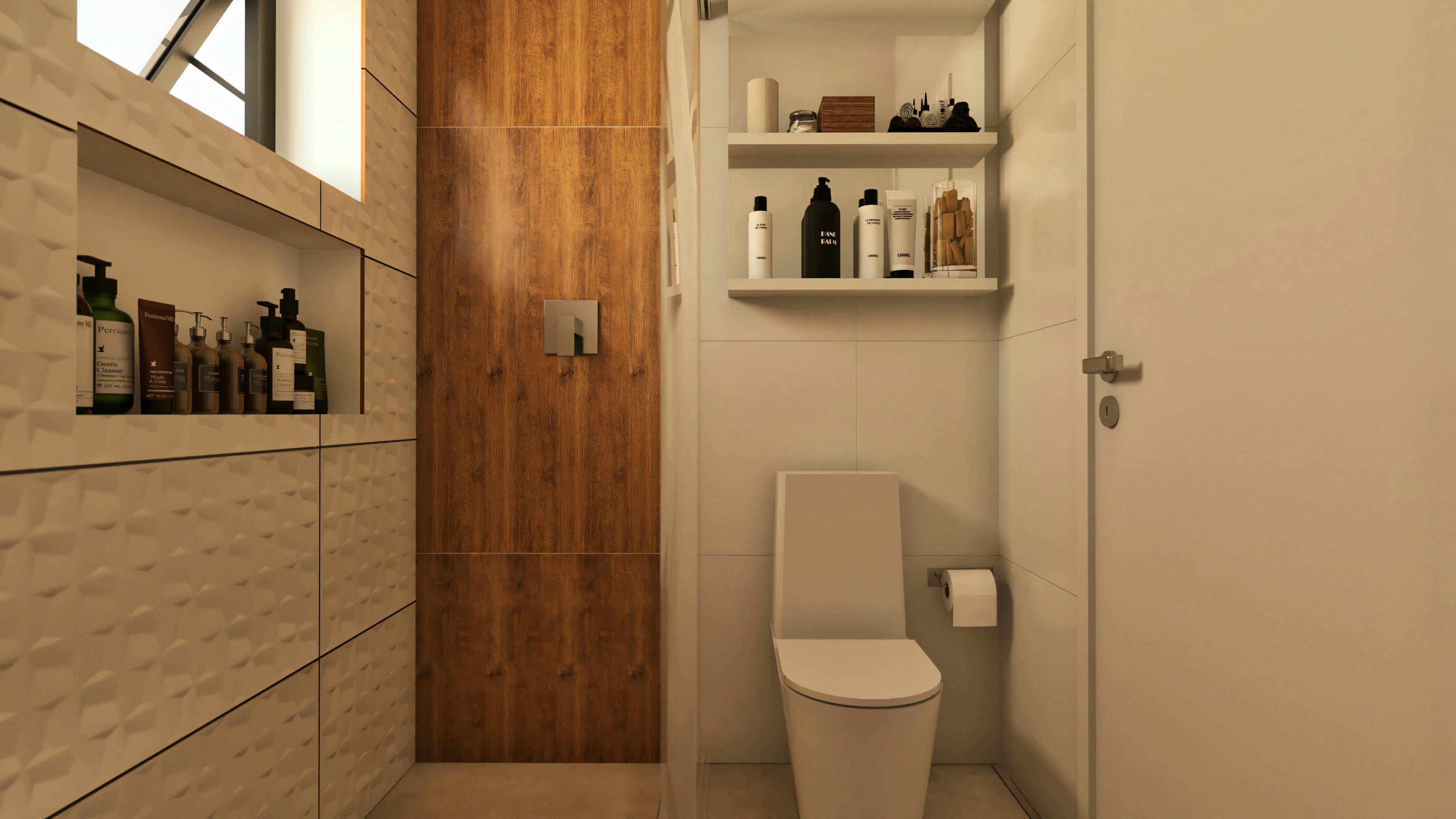 Internal detail of the shower box in a modern two-story house bathroom, showing a niche in the wall with 3D tiling, wood panel with shower control, and high window.