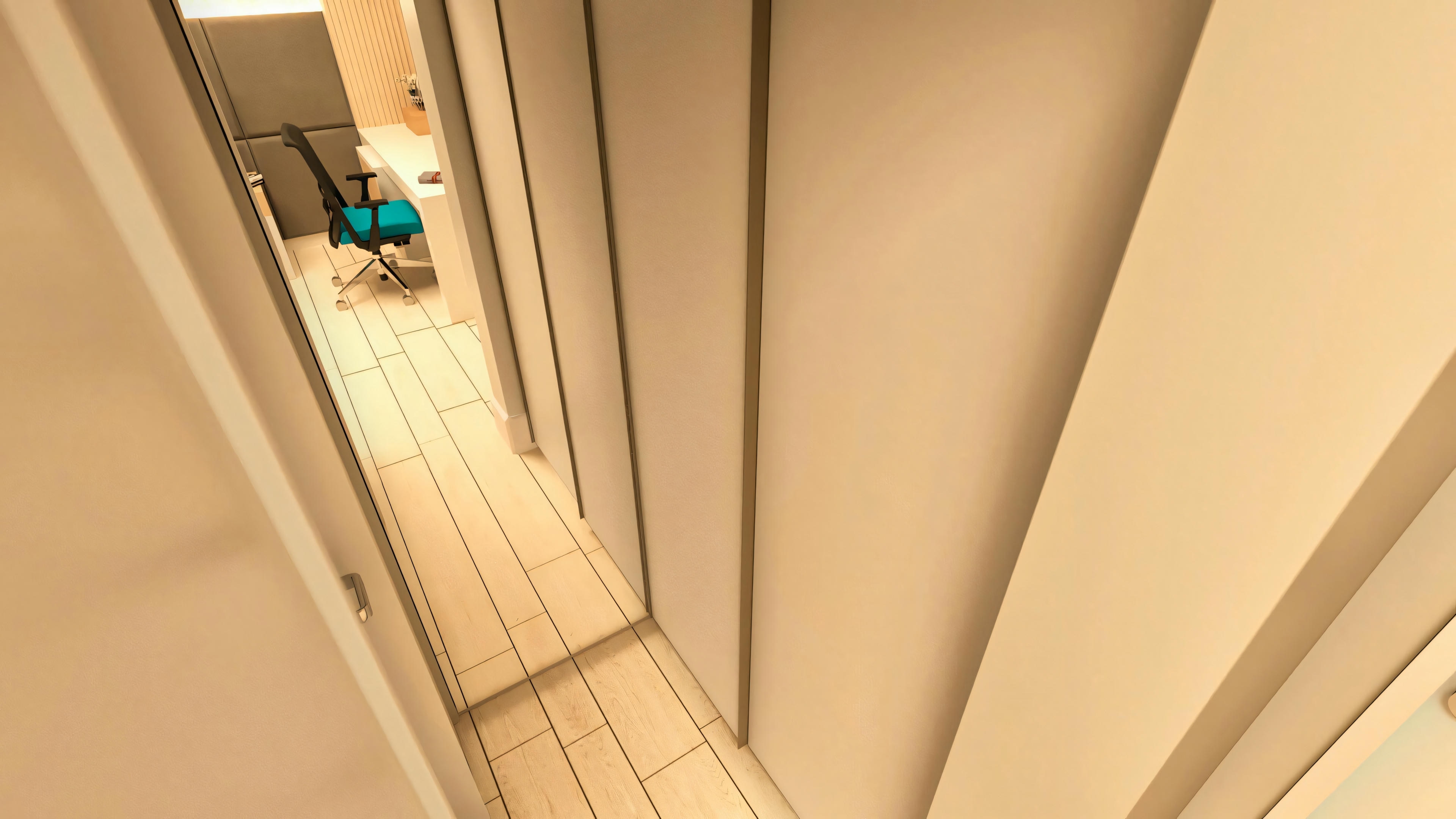 Pasillo con armarios planeados estilo closet, perteneciente a una de las 3 suites del proyecto de casa de planta baja con 3 suites y 276.43m² de área construida.