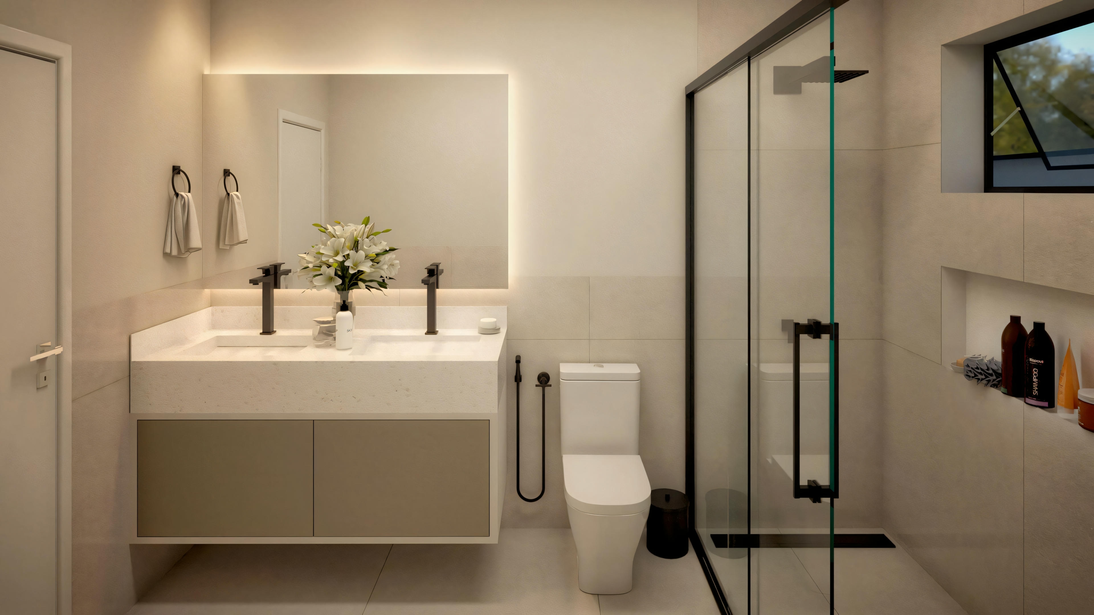 Pasillo com armarios planejados estilo closet, perteneciente a una de las 3 suites del proyecto de casa de planta baja com 3 suites y 246.28m² de área construida.